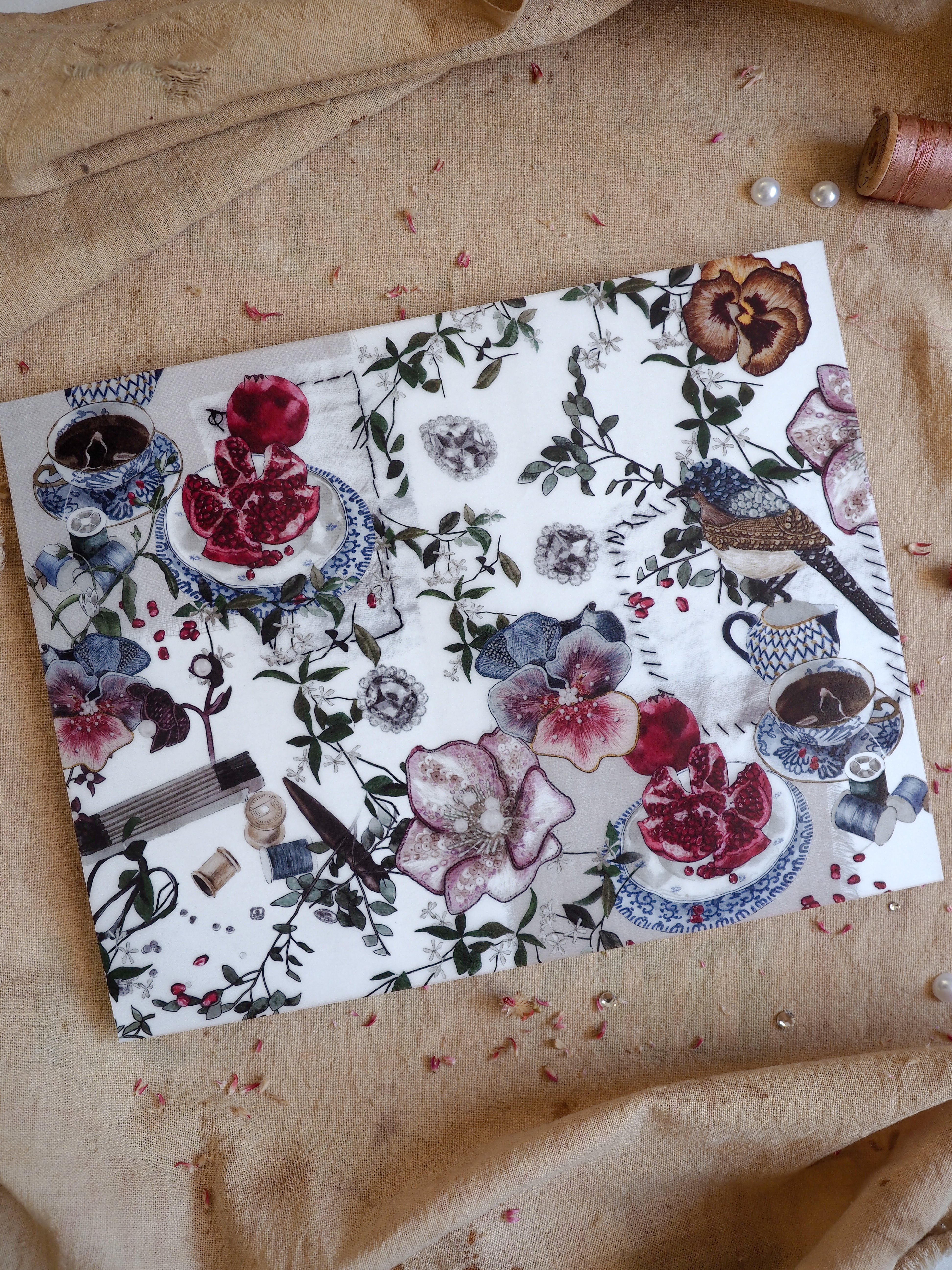 Detailed botanical sticker sheet featuring romantic vintage elements, including antique teaware, lush floral arrangements, and deep jewel-toned flowers.