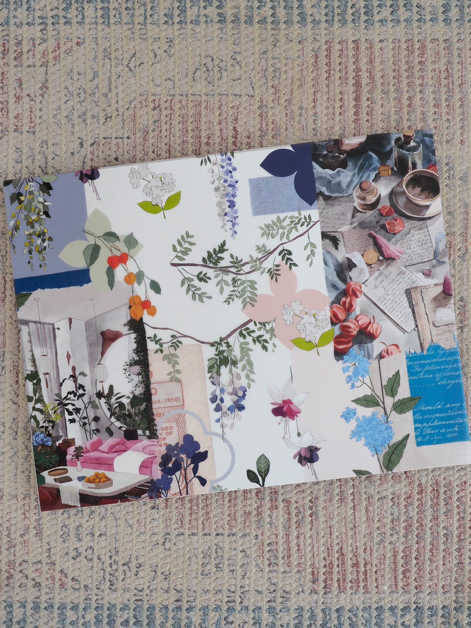 Decorative botanical sticker sheet depicting a vibrant "Paper Garden" scene, featuring colorful spring flowers, lush foliage, and a cozy indoor table setting.
