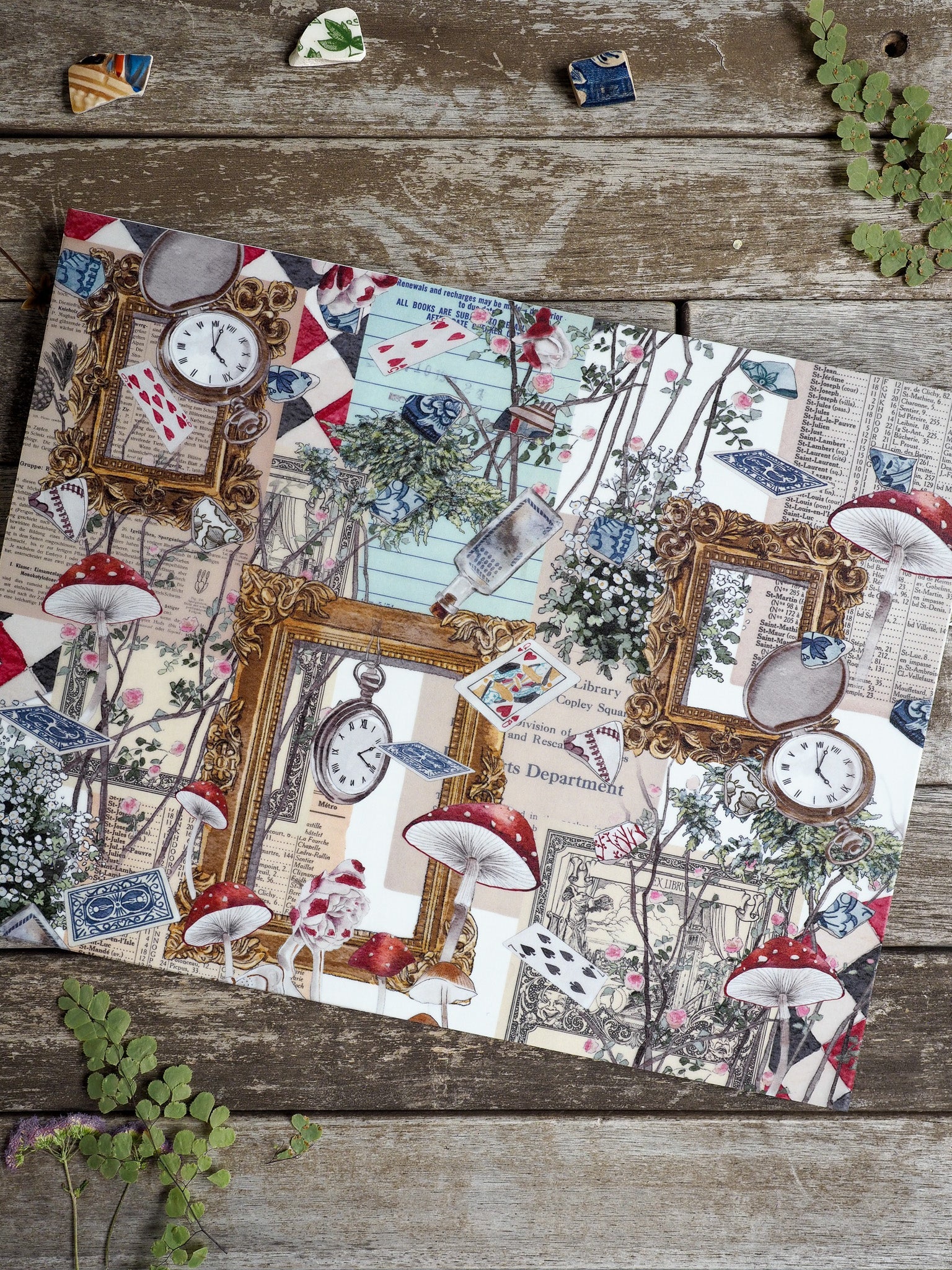 Whimsical planner spread patterned with ornate frames, whimsical clocks, playing card accents, and detailed illustrations of mushrooms and teacup motifs, evoking an Enchanted Wonderland theme.
