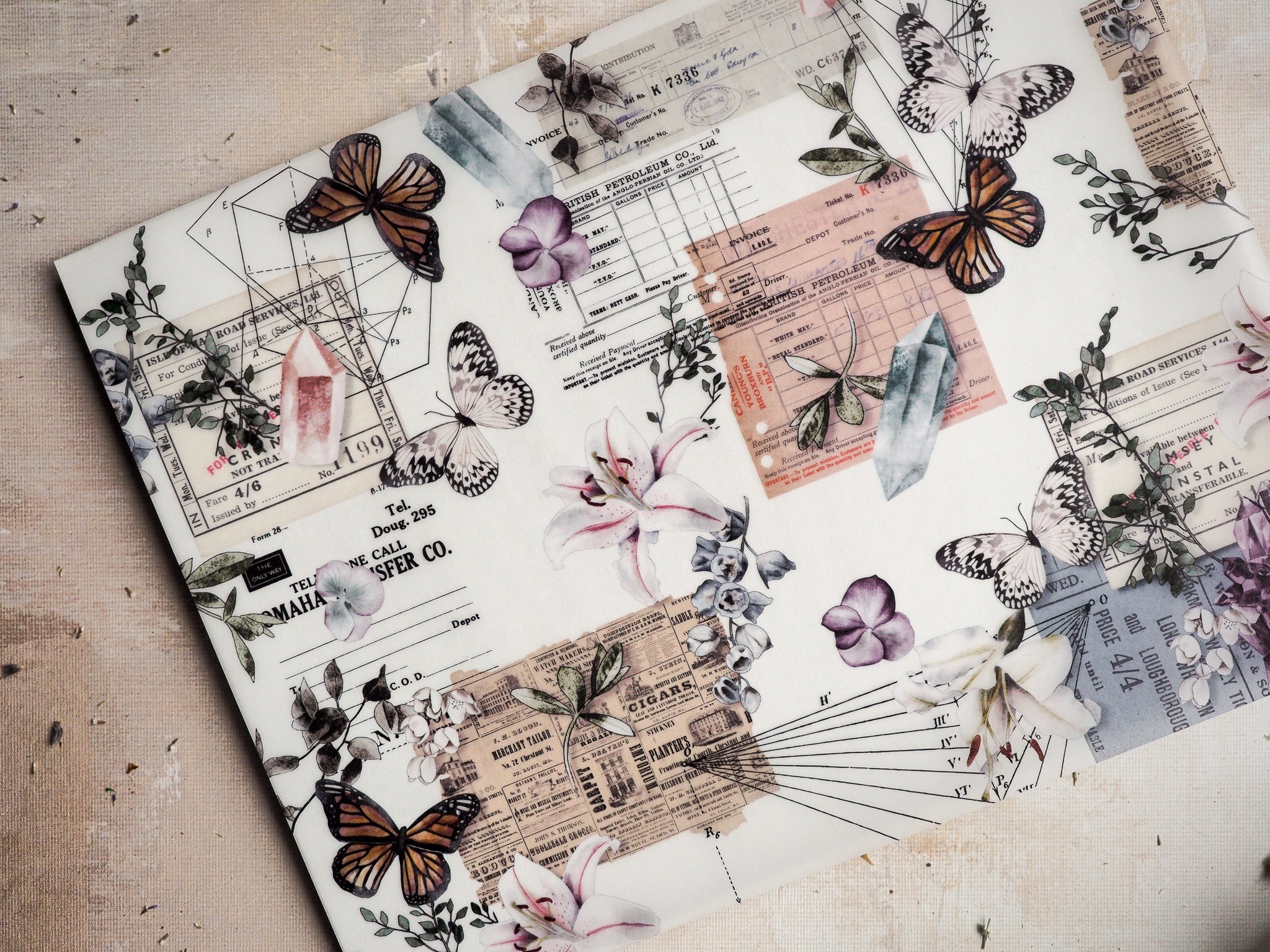 Vintage sticker sheet pattern featuring whimsical spring butterflies, fresh lilies, and layered sepia-toned ephemera like tickets and academic diagrams.