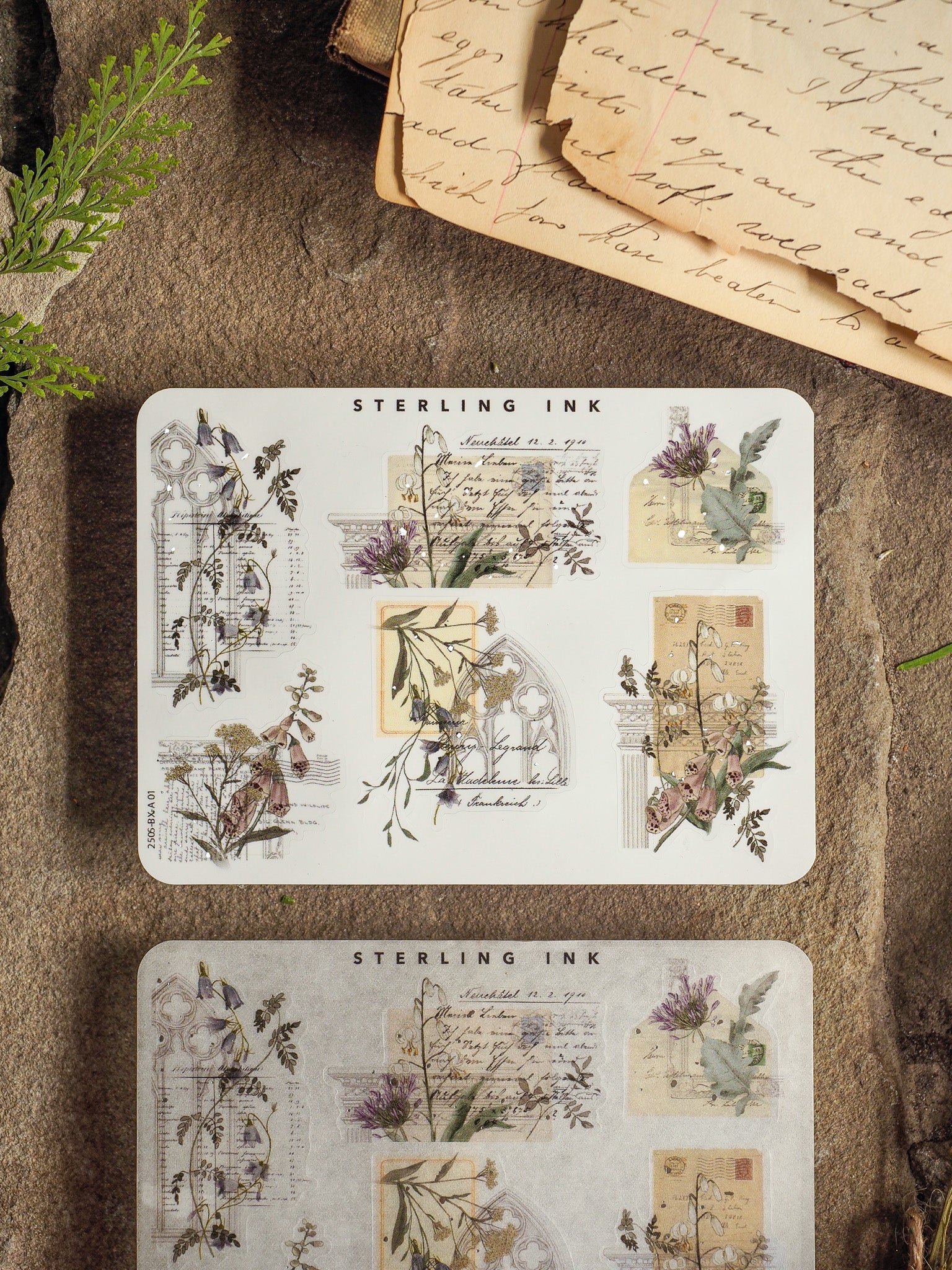 Vintage botanical sticker sheets featuring detailed, muted-tone engravings of wildflowers, leaves, and herbs, ideal for journaling or decorative scrapbooking.
