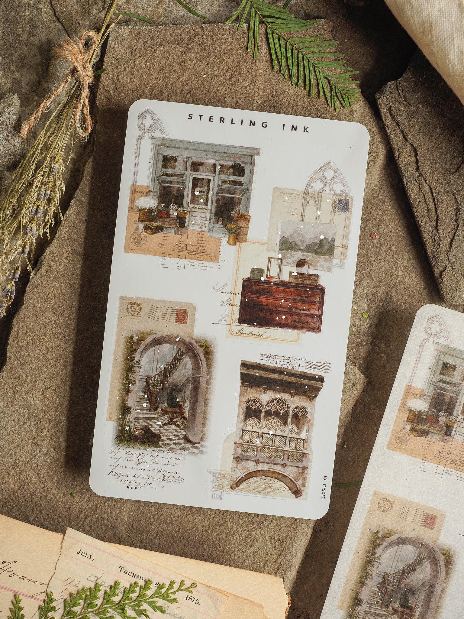 Detailed vintage sticker sheet from Sterling Ink featuring sepia-toned architectural sketches, blueprints, and historical building facade illustrations, perfect for crafting.
