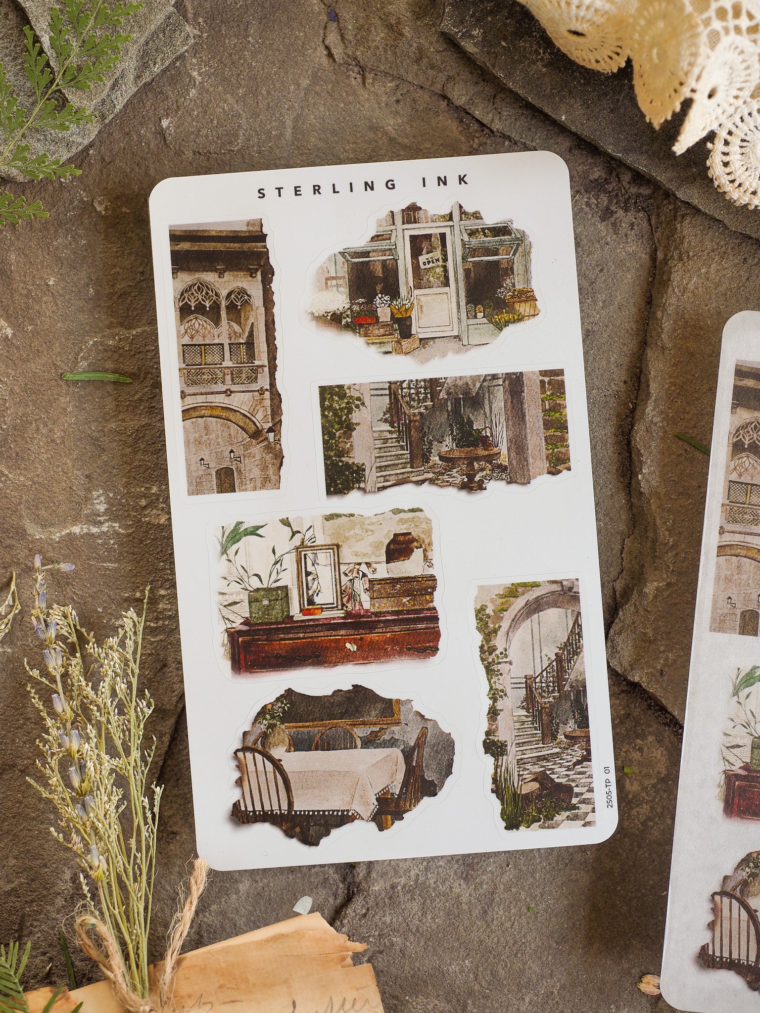Vintage architectural sticker sheet labeled "Sterling Ink" featuring detailed, sepia-toned illustrations of old townhouses, interiors, and staircases.