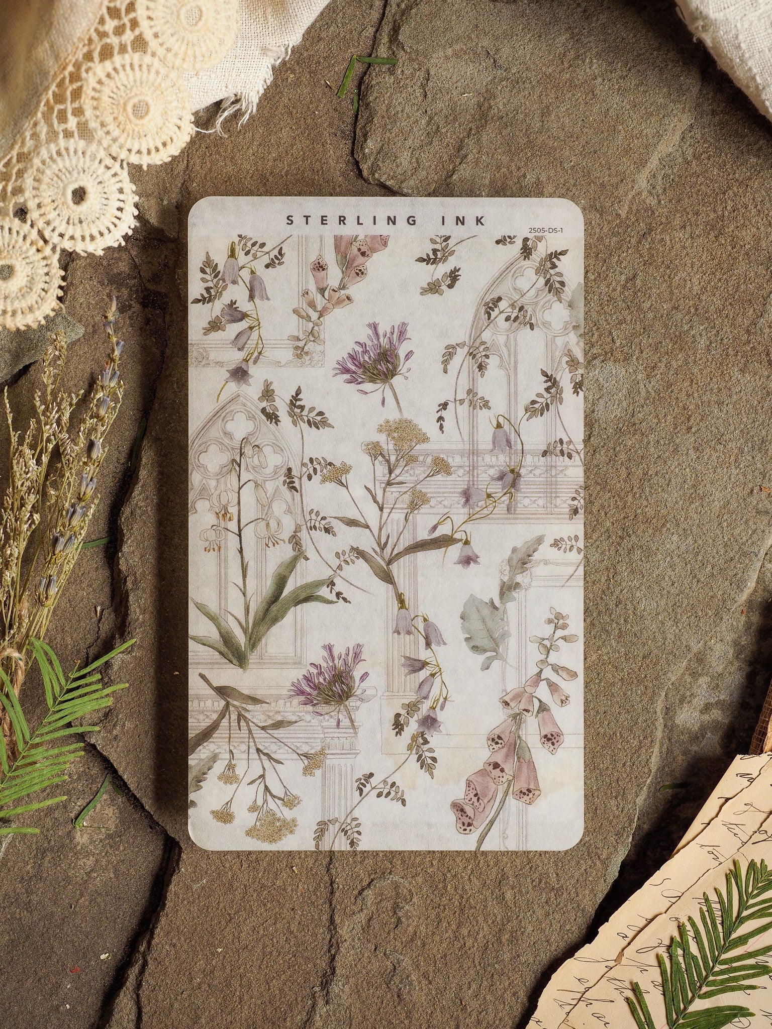 Vintage decorative Deco Sheet featuring a delicate botanical pattern of watercolor purple and cream florals, grasses, and greenery for crafting.