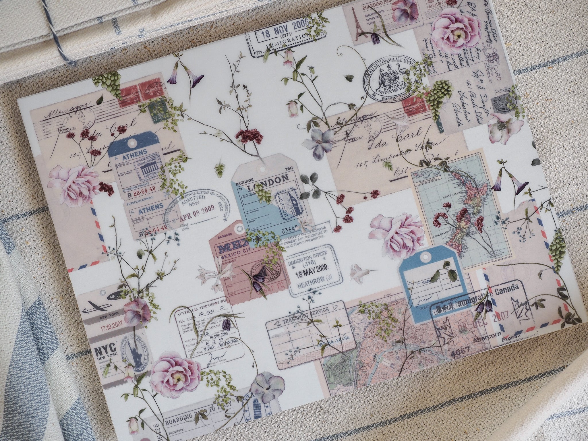 Nostalgic travel sticker sheet patterned with vintage stamps, airline tickets, and international postcards decorated with delicate roses and floral elements.