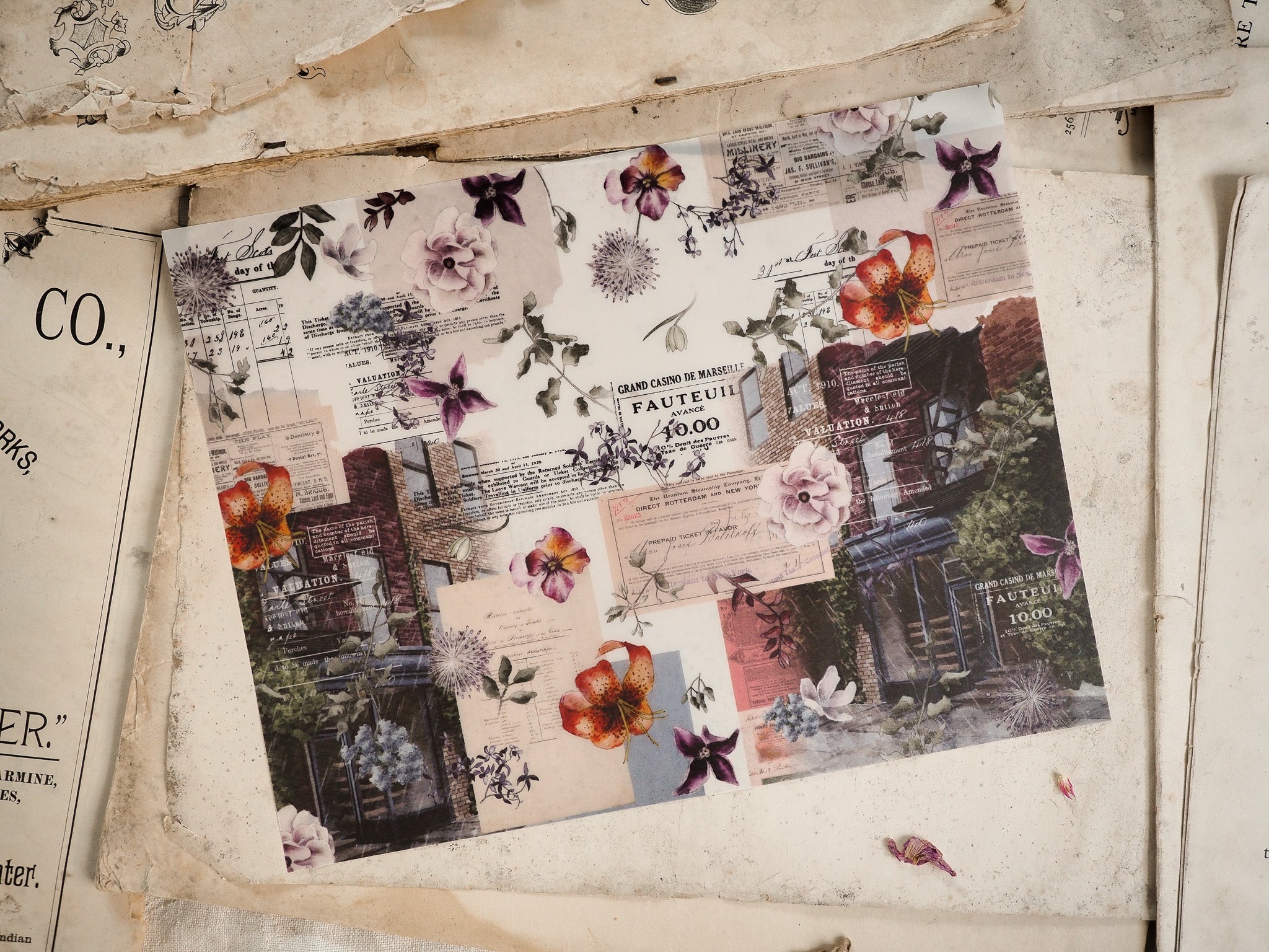 Rich collage of sepia-toned vintage stickers with autumn florals, Parisian facades, and ticket designs, perfect for scrapbook or journal embellishment.