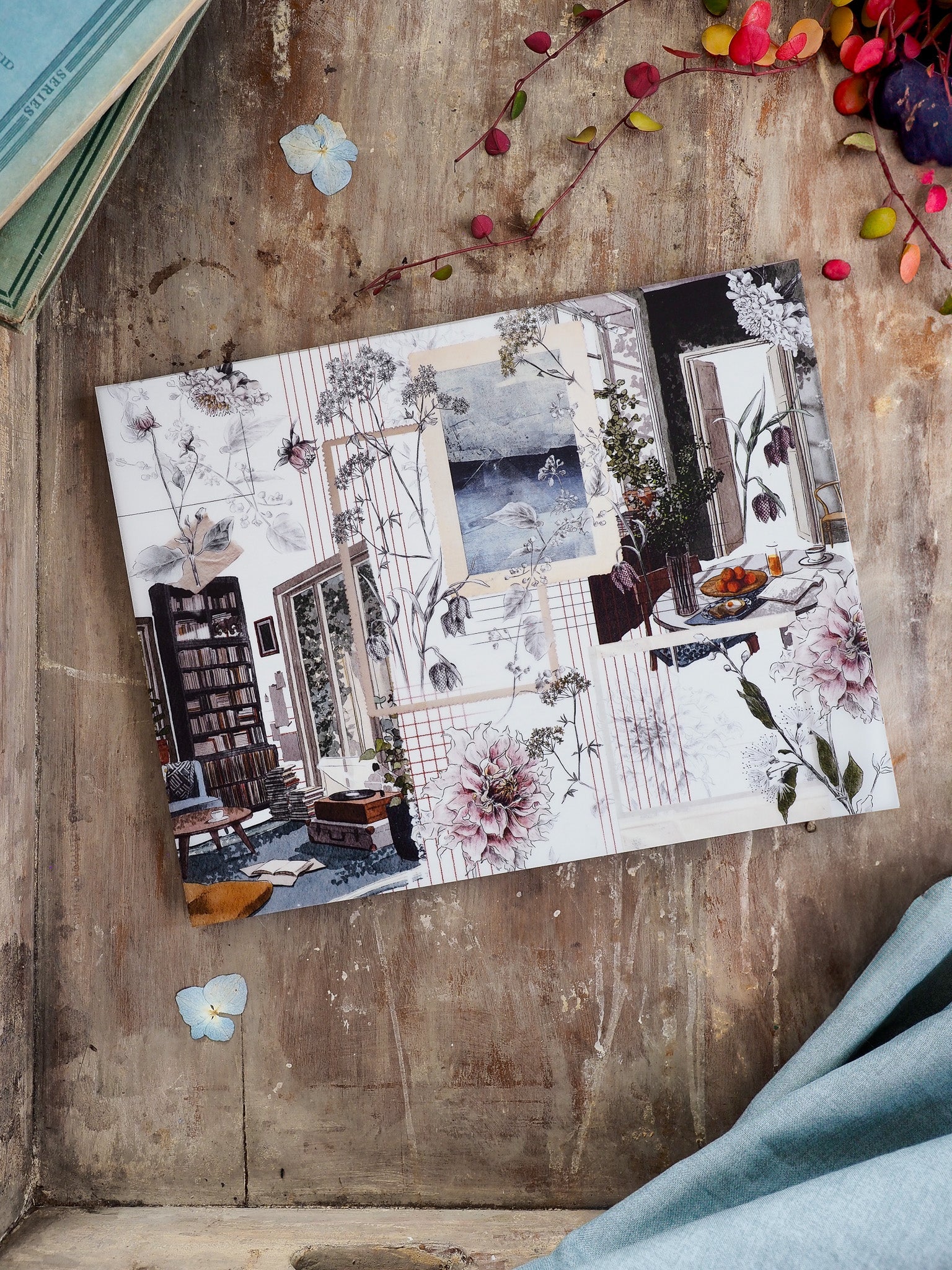 Elegant "Memory Lane" scrapbook sheet featuring a nostalgic collage of muted floral illustrations and antique doorways, perfect for journaling or scrapbooking.