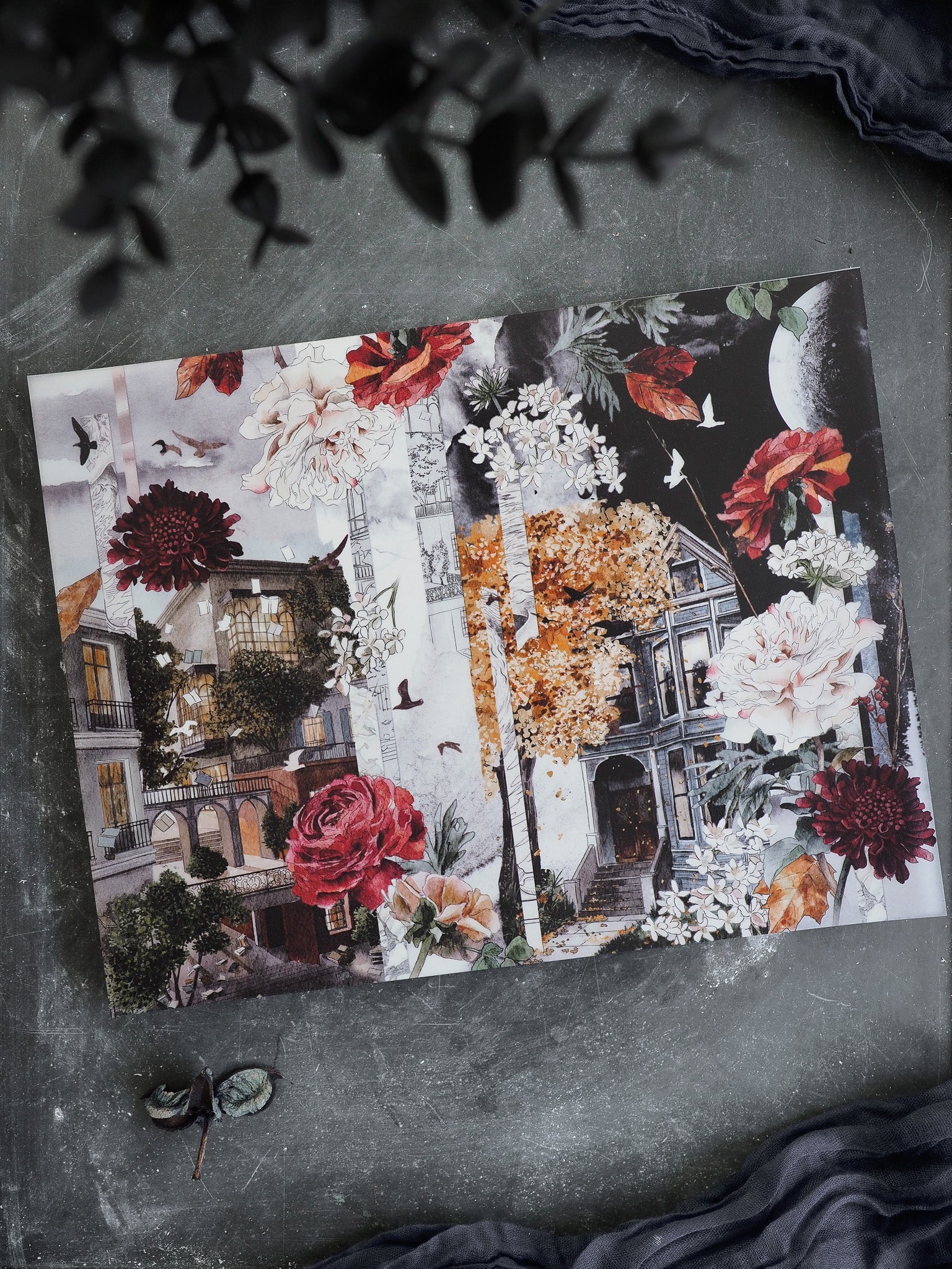 Whimsical collage featuring vintage European architecture intertwined with dramatic seasonal flora, including deep crimson roses, white peonies, and abundant autumnal motifs.