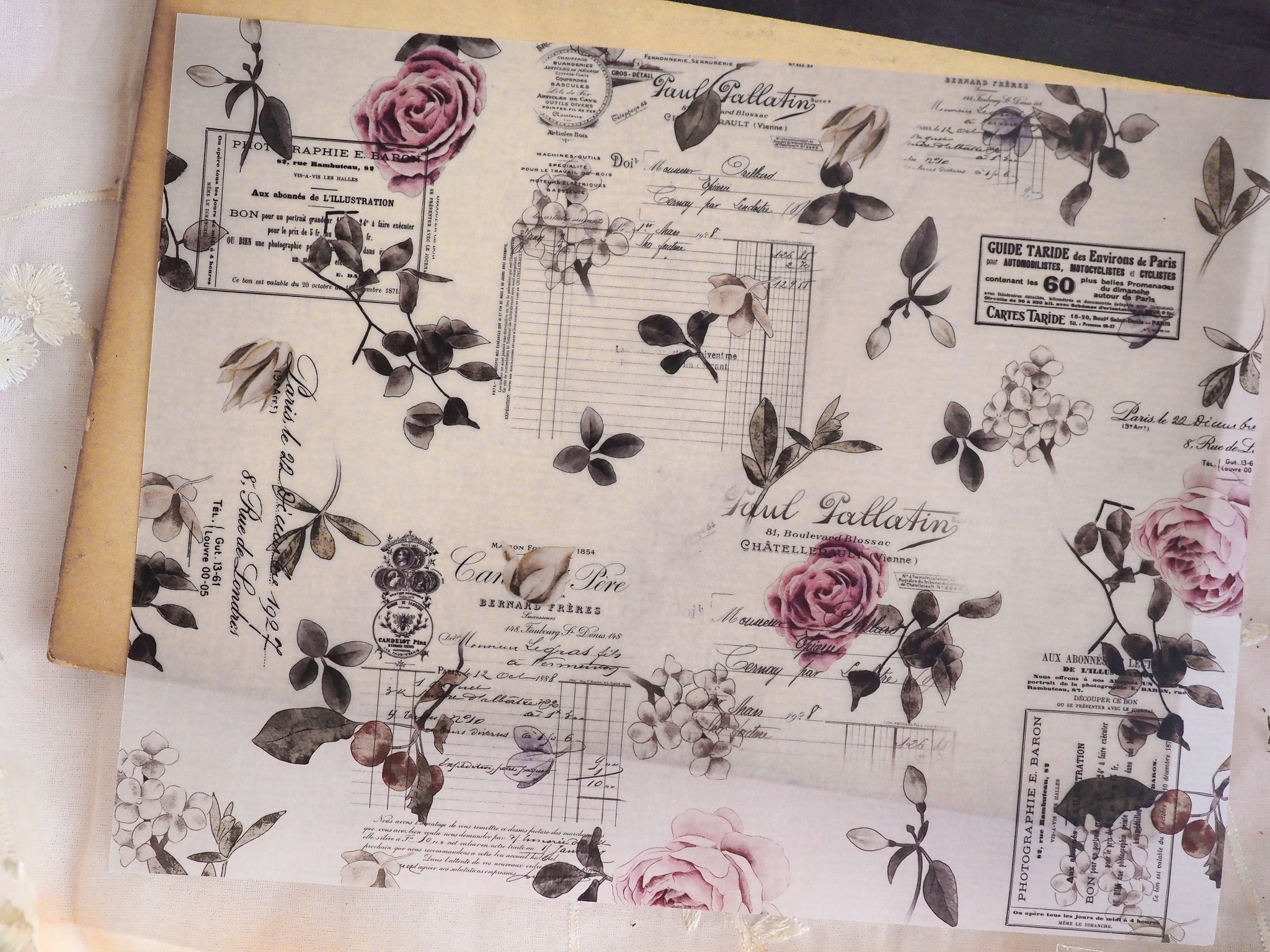 Collection of ornate, vintage stickers featuring French Parisian historical labels, detailed engravings, and blush rose motifs in sepia tones.
