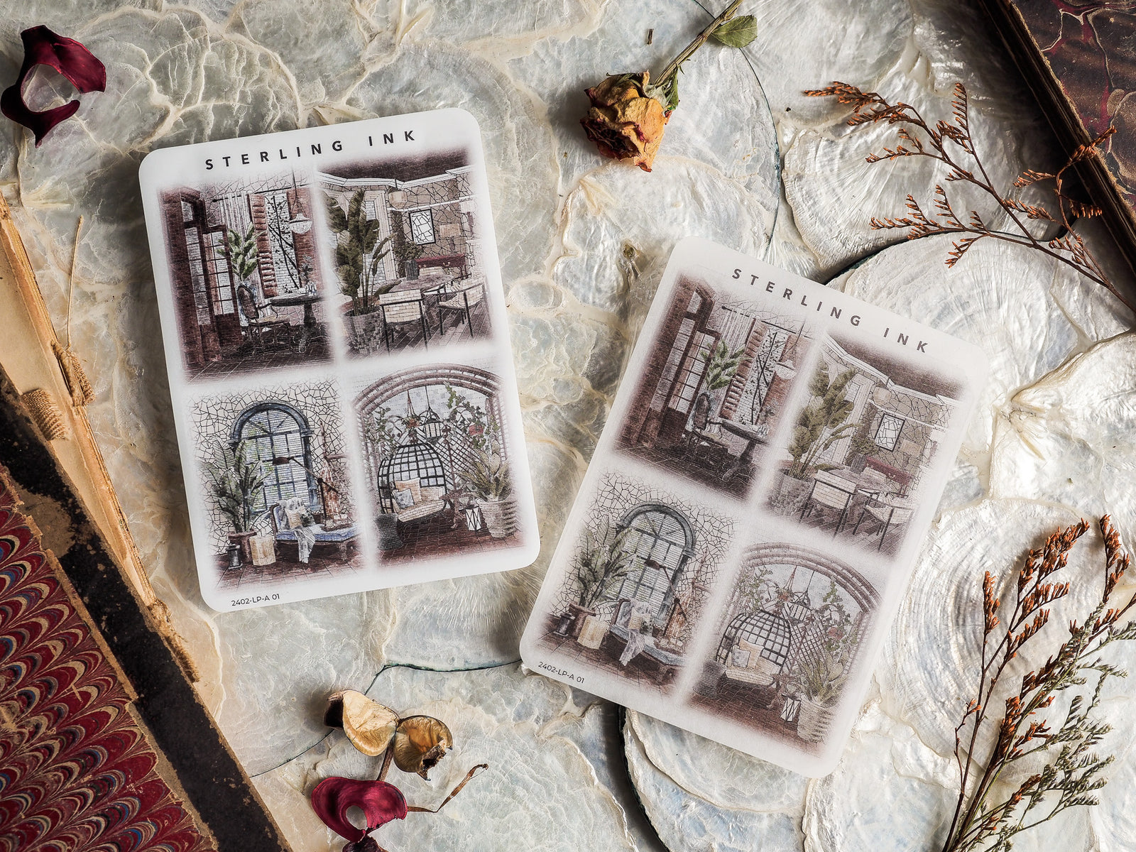 Detailed set of sepia-toned illustration stickers featuring vintage architectural elements, including arched windows, ornate conservatories, and classical building facades.