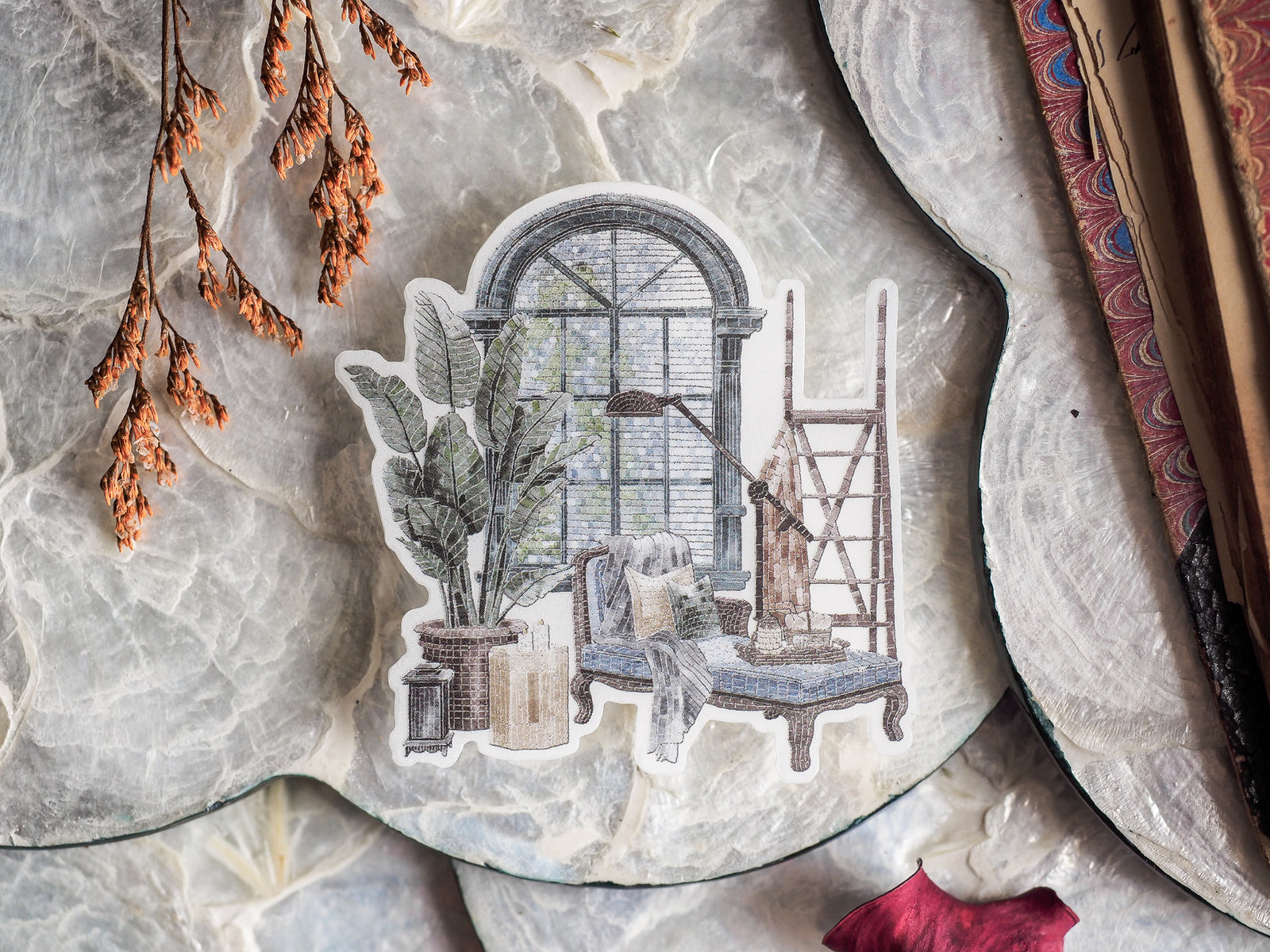 Detailed botanical die-cut sticker featuring a vintage arched window view into a lush greenhouse filled with potted plants and rustic wooden framework.