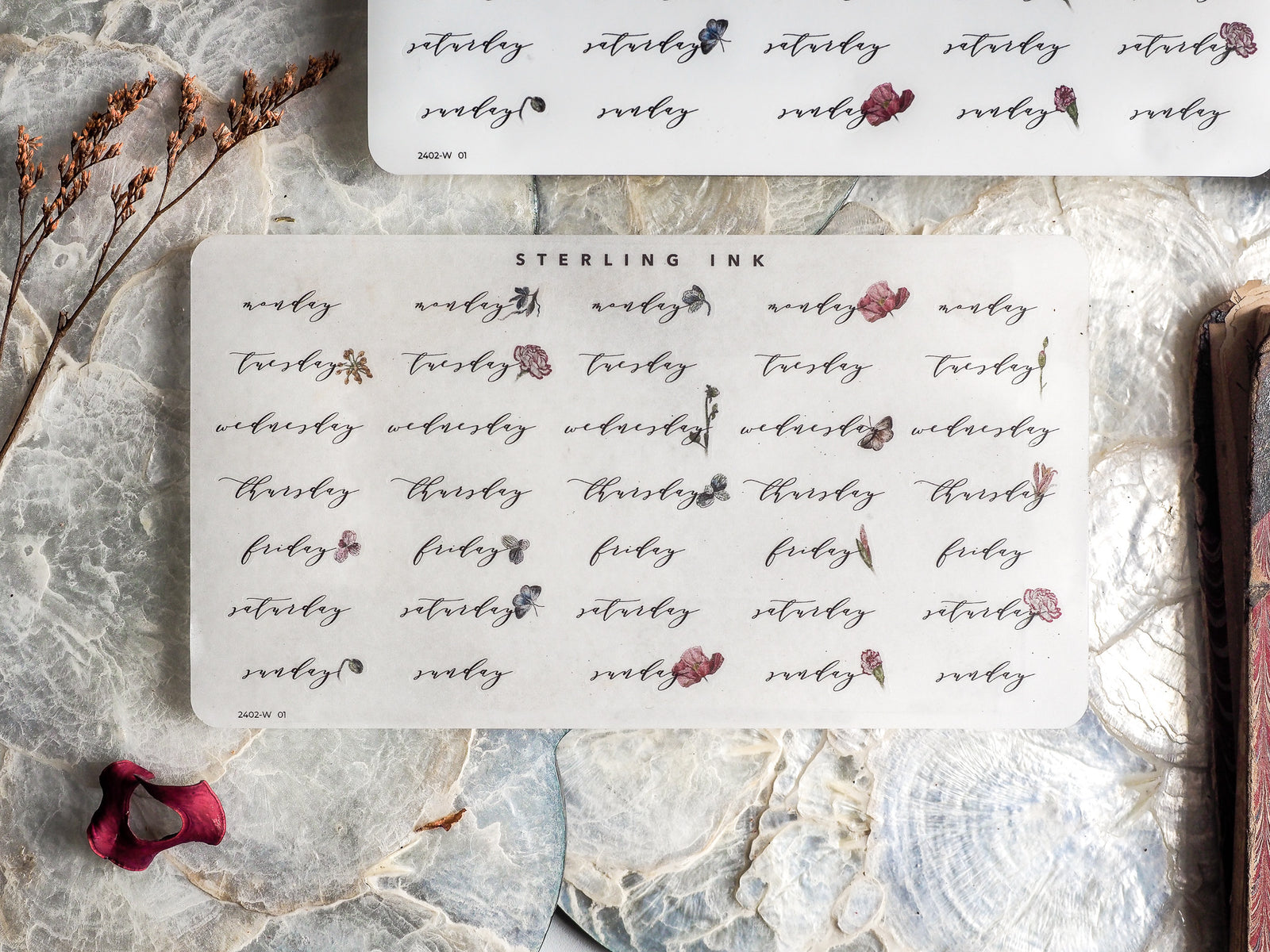 Elegant sticker sheets for February 2024, featuring week days printed in sophisticated watercolor calligraphy and adorned with delicate red botanical accents for planning.