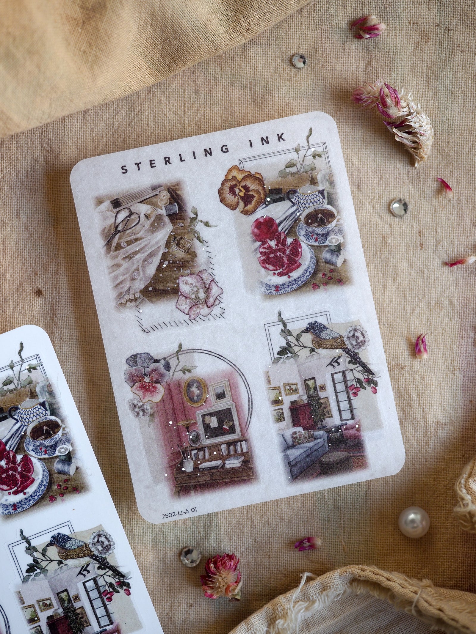Vintage-themed sticker sheet featuring decorative icons of floral bouquets, antique interiors, and charming, rustic, muted illustrations.