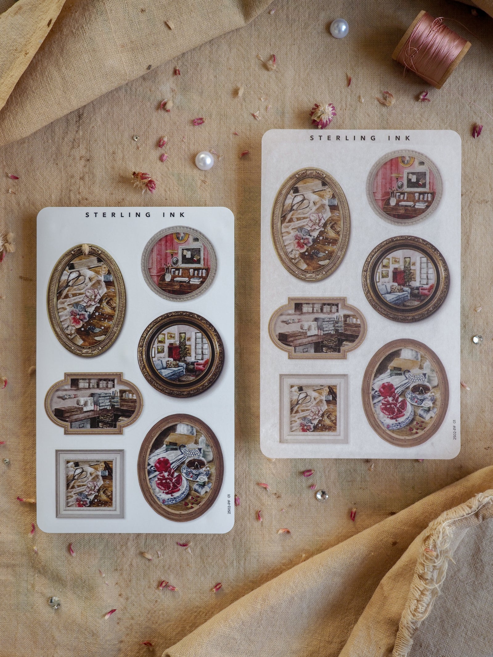 Set of white sticker sheets featuring decorative, vintage-style picture frames around detailed antique room and interior scene illustrations for crafting.