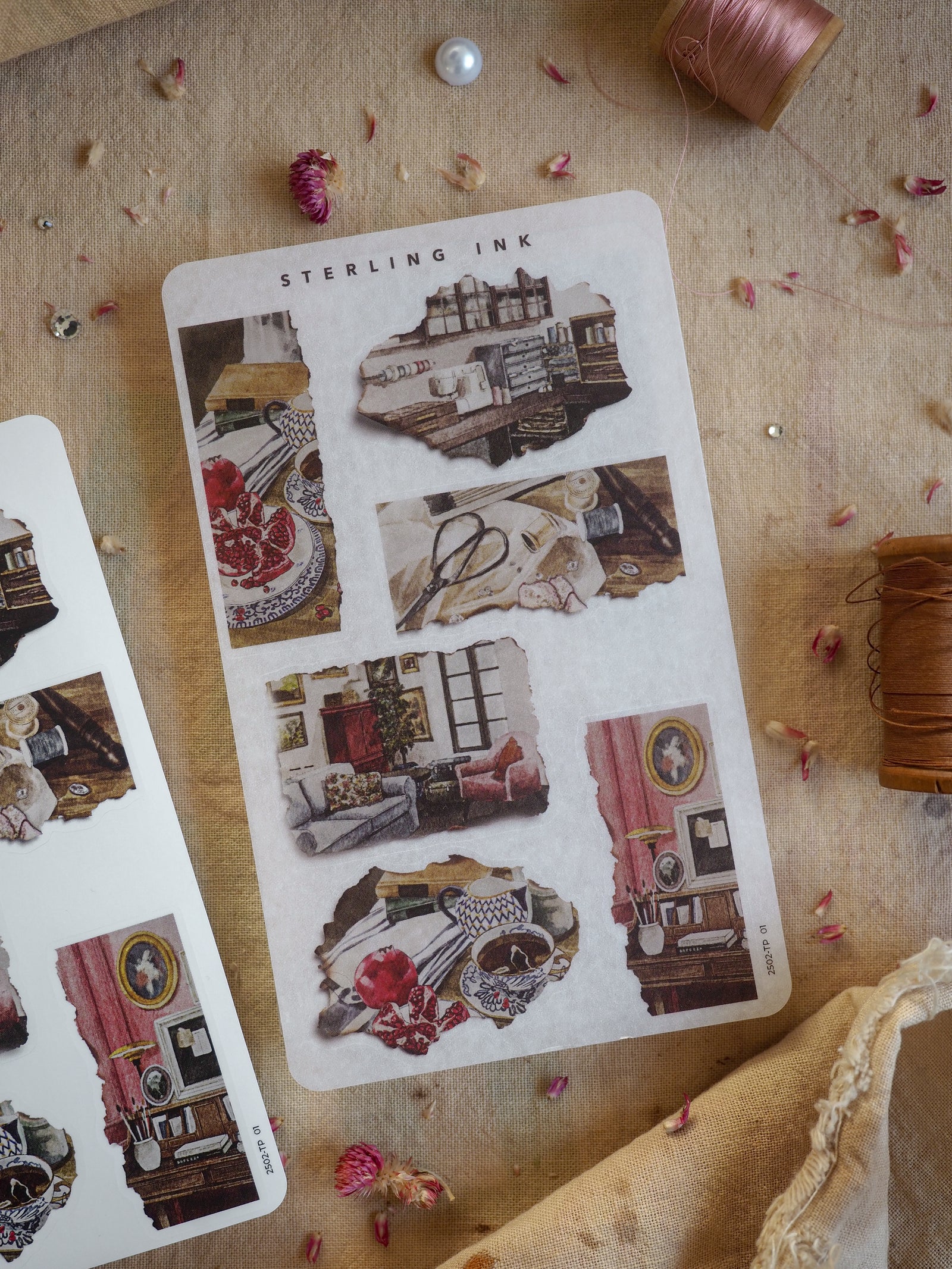 Collage sheet of "Torn Paper Stickers" featuring vintage scrapbook elements, including antique furniture, fashion details, architectural sketches, and layered photo scraps.