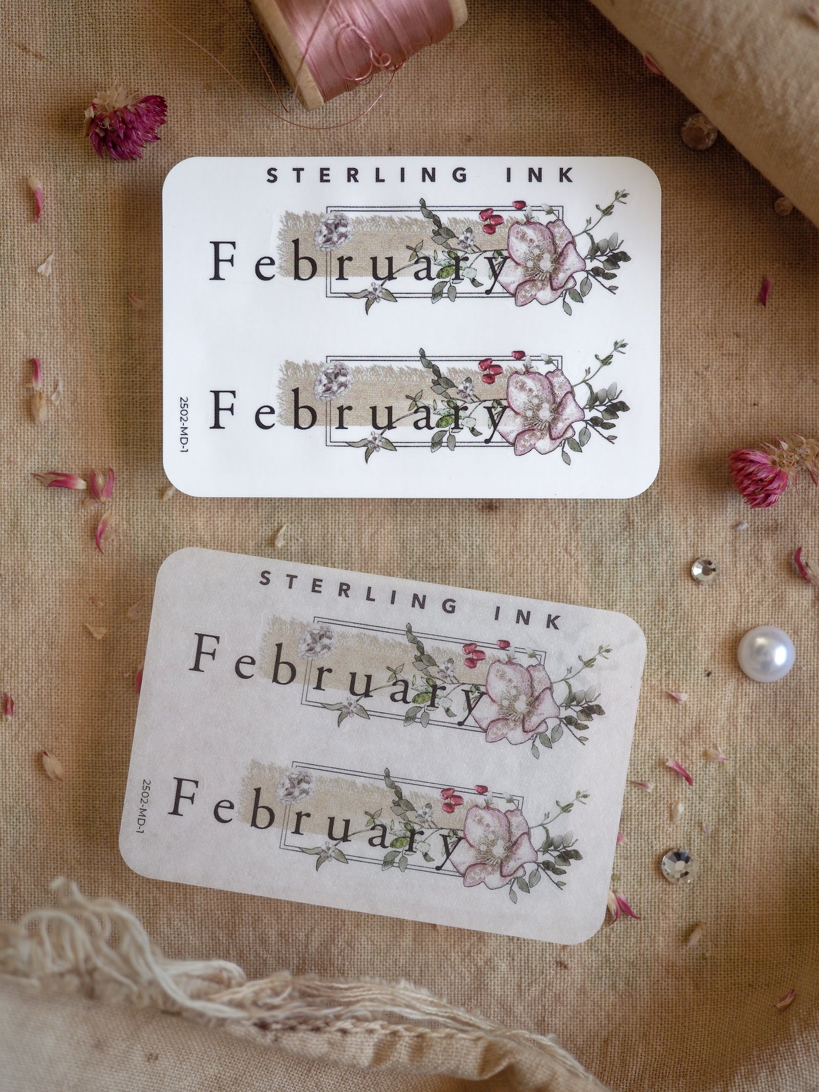 Elegant, vintage February month stickers featuring "Sterling Ink" and delicate watercolor roses and greenery for romantic journaling and scrapbooking.