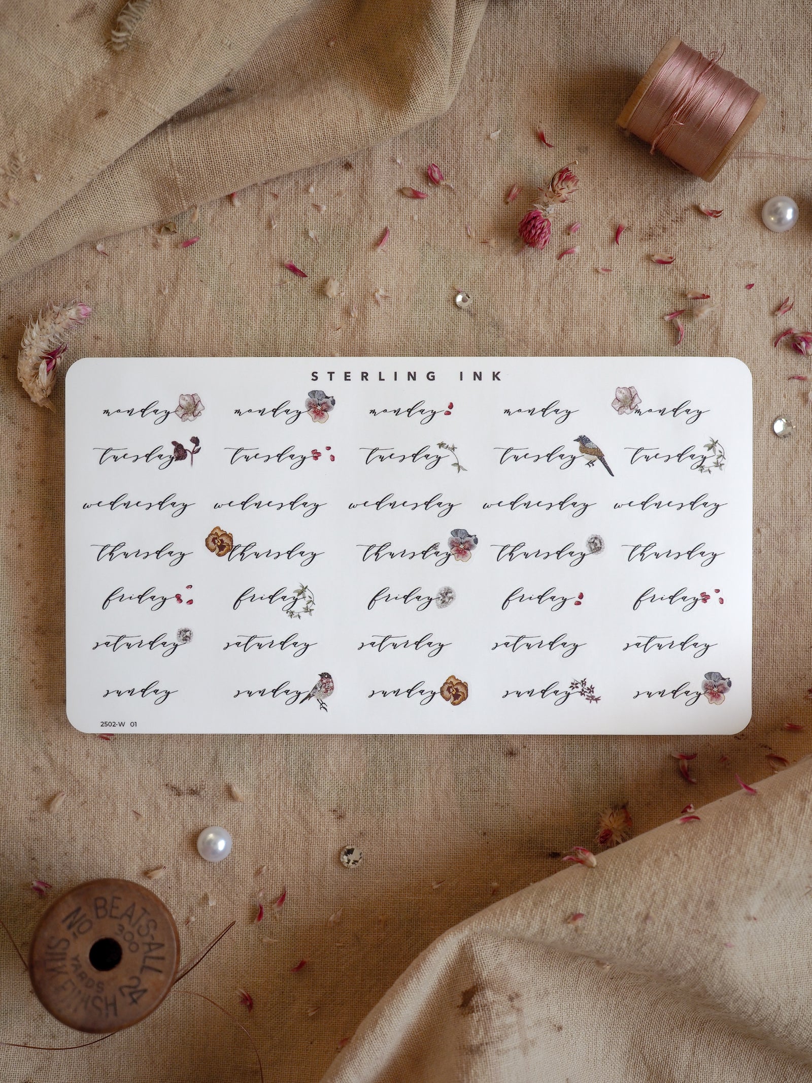 Planner stickers for February 2025 on a white sheet, featuring decorative weekly labels and repeating rustic floral motifs in soft earth tones.