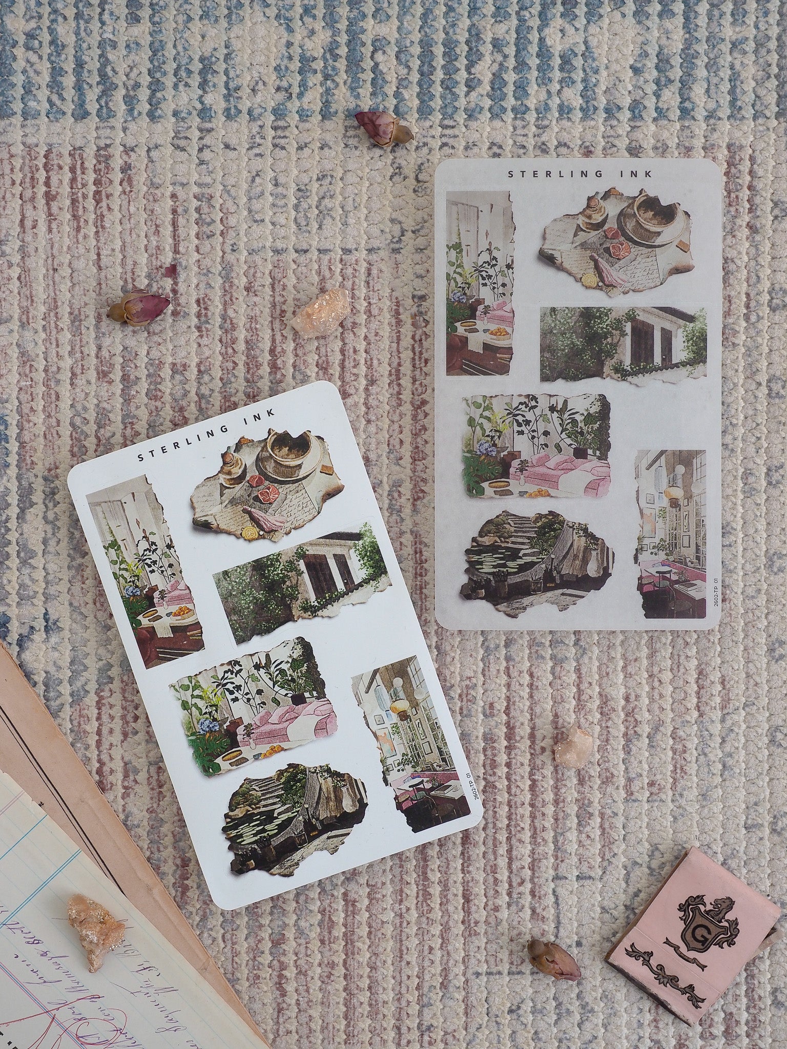 Vintage torn paper stickers featuring rustic architectural elements, sun hats, and distressed details in muted, earthy tones.