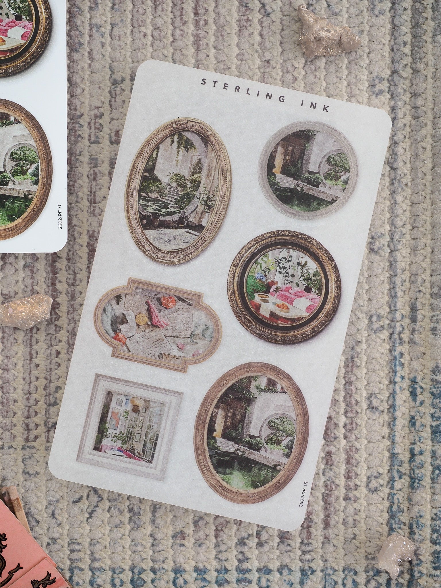 A decorative collection of aged, sepia-toned picture frame stickers for scrapbooking, featuring various circular and rectangular vintage scenes.
