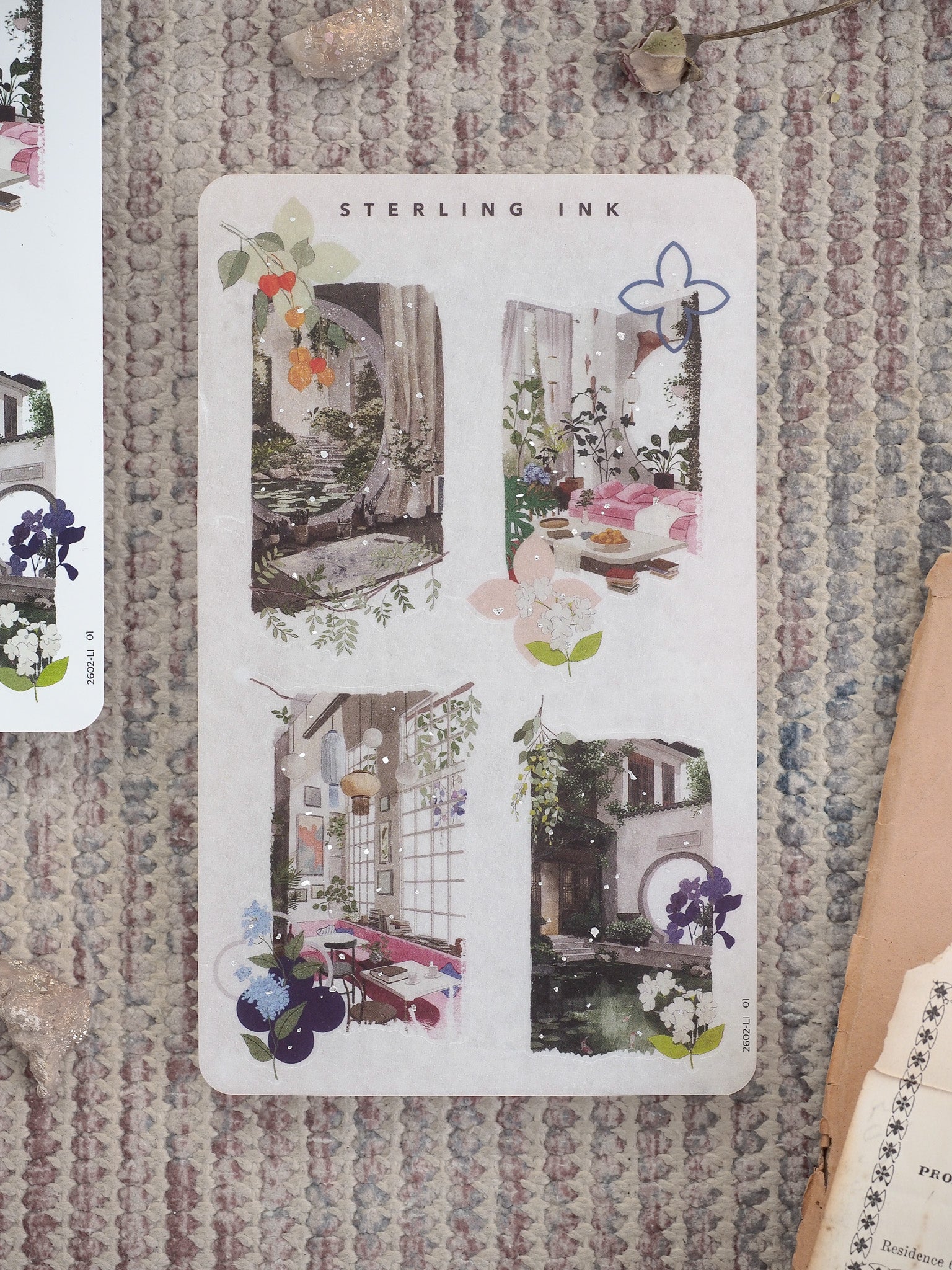 Detailed sticker sheet featuring four panels of illustrated cottagecore scenes: lush botanical interiors, cozy windows, and romantic floral vignettes.