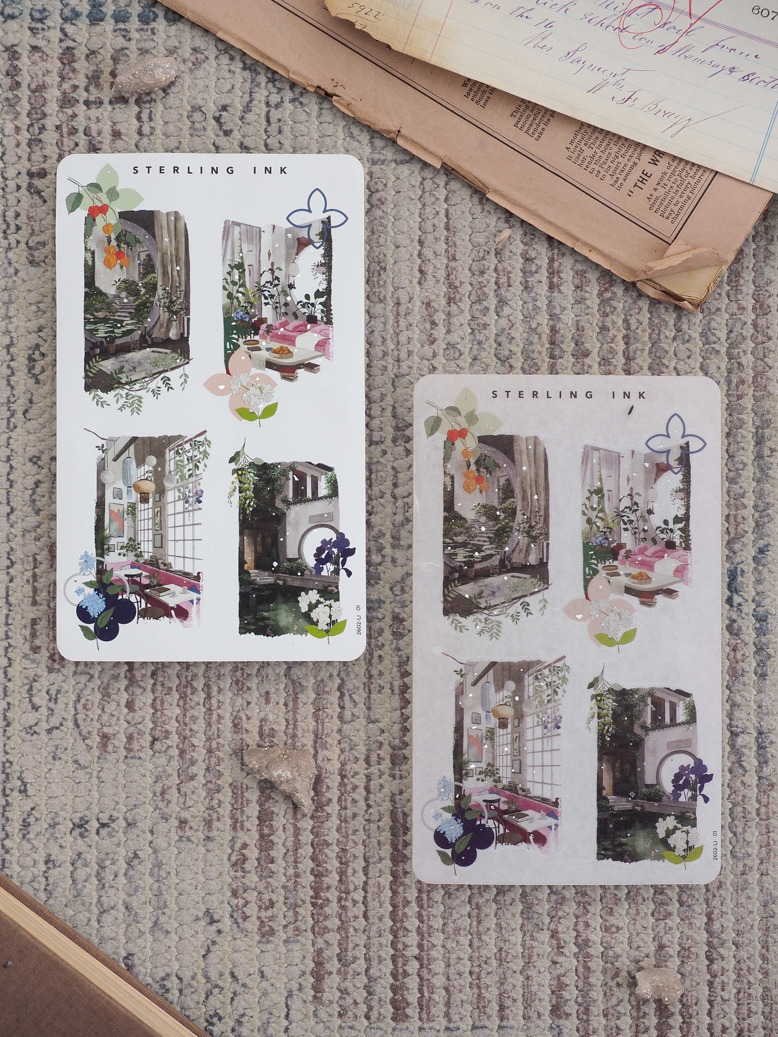 Elegant collage stickers for journaling featuring whimsical Parisian architecture, including decorative arches, windows, and rich floral arrangements.