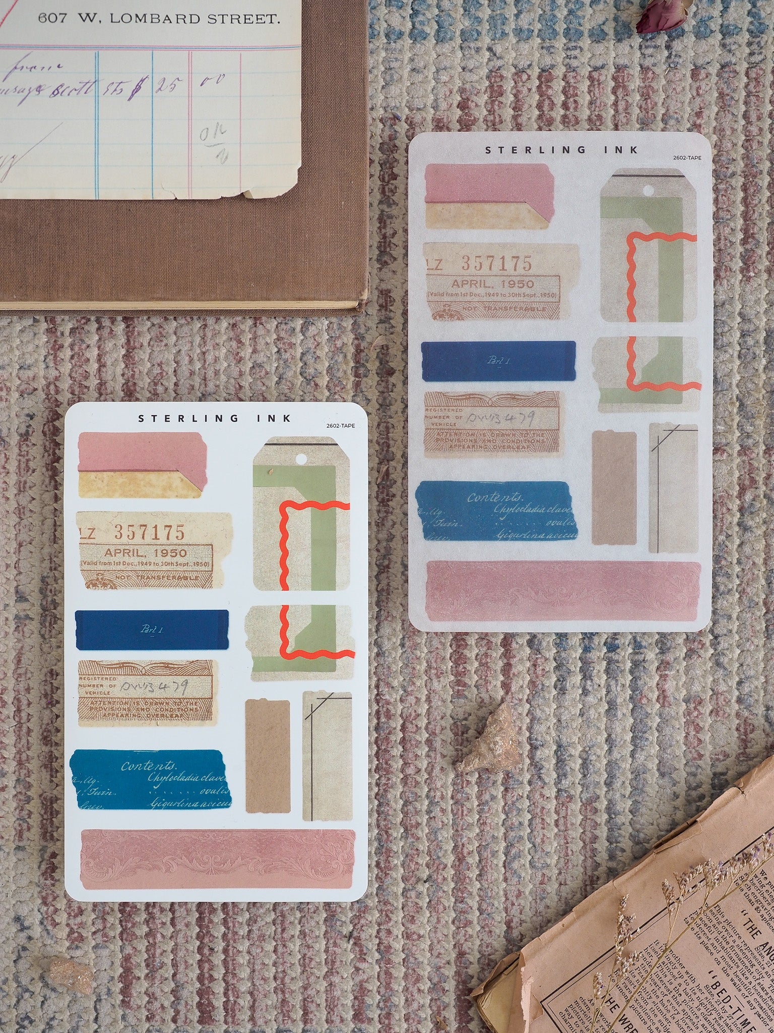 Collection of vintage-style "Sterling Ink" torn tape stickers featuring distressed paper edges and a palette of blush pink, teal, and mustard yellow tones.