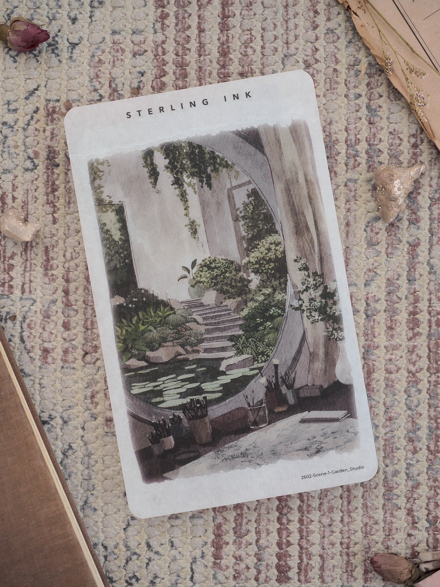 Detailed sticker illustration of a lush, overgrown classical garden viewed through a shaded archway, featuring descending stone steps and abundant foliage.