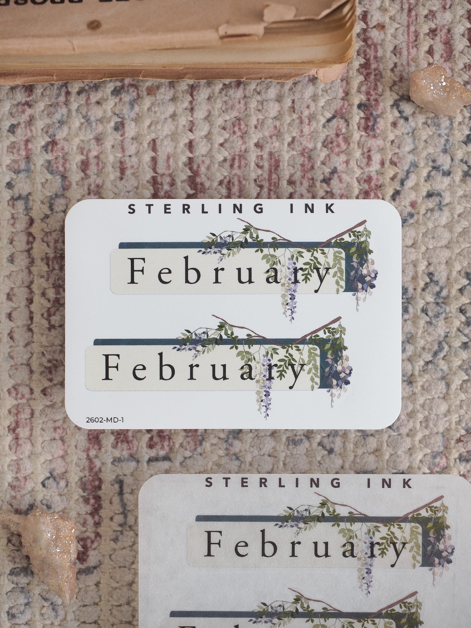 Minimalist February month sticker featuring elegant typography framed by delicate purple and green watercolor botanical illustrations.