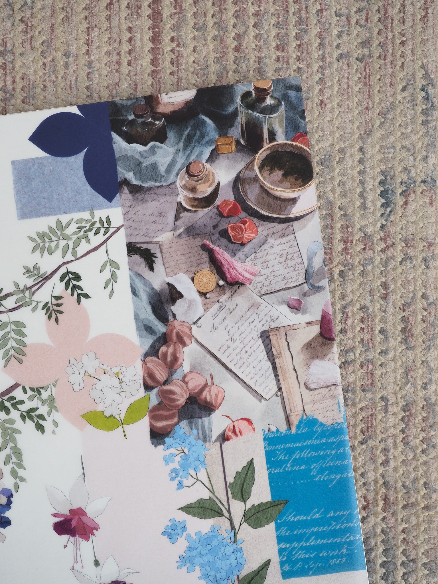 Dual-design planner featuring soft watercolor florals and botanical elements paired with a vintage collage of aged paper, ink bottles, and handwritten notes.