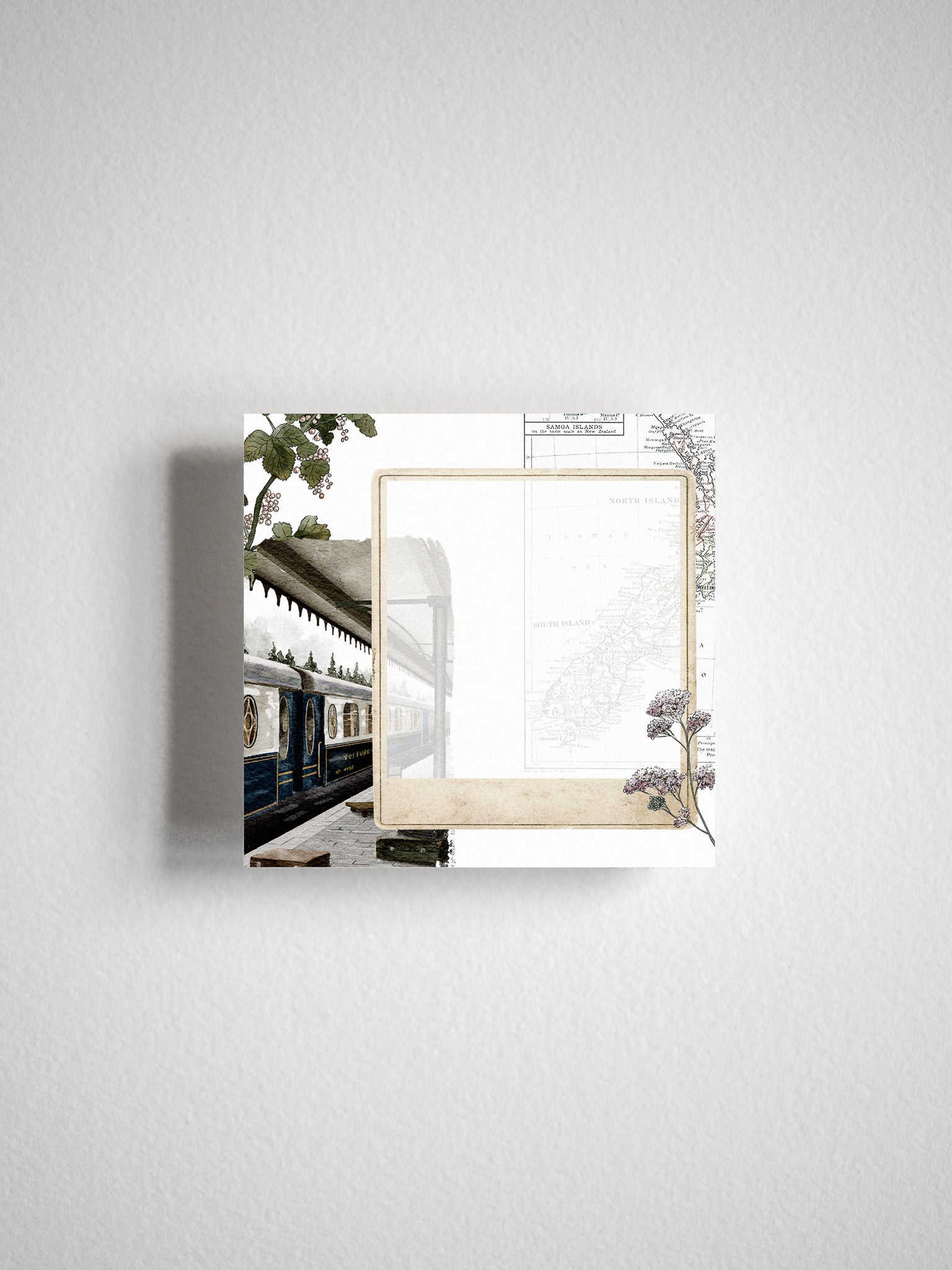 Vintage sticky note featuring a rustic photograph of a steam train at a station alongside a distressed map of New Zealand's North and South Islands.