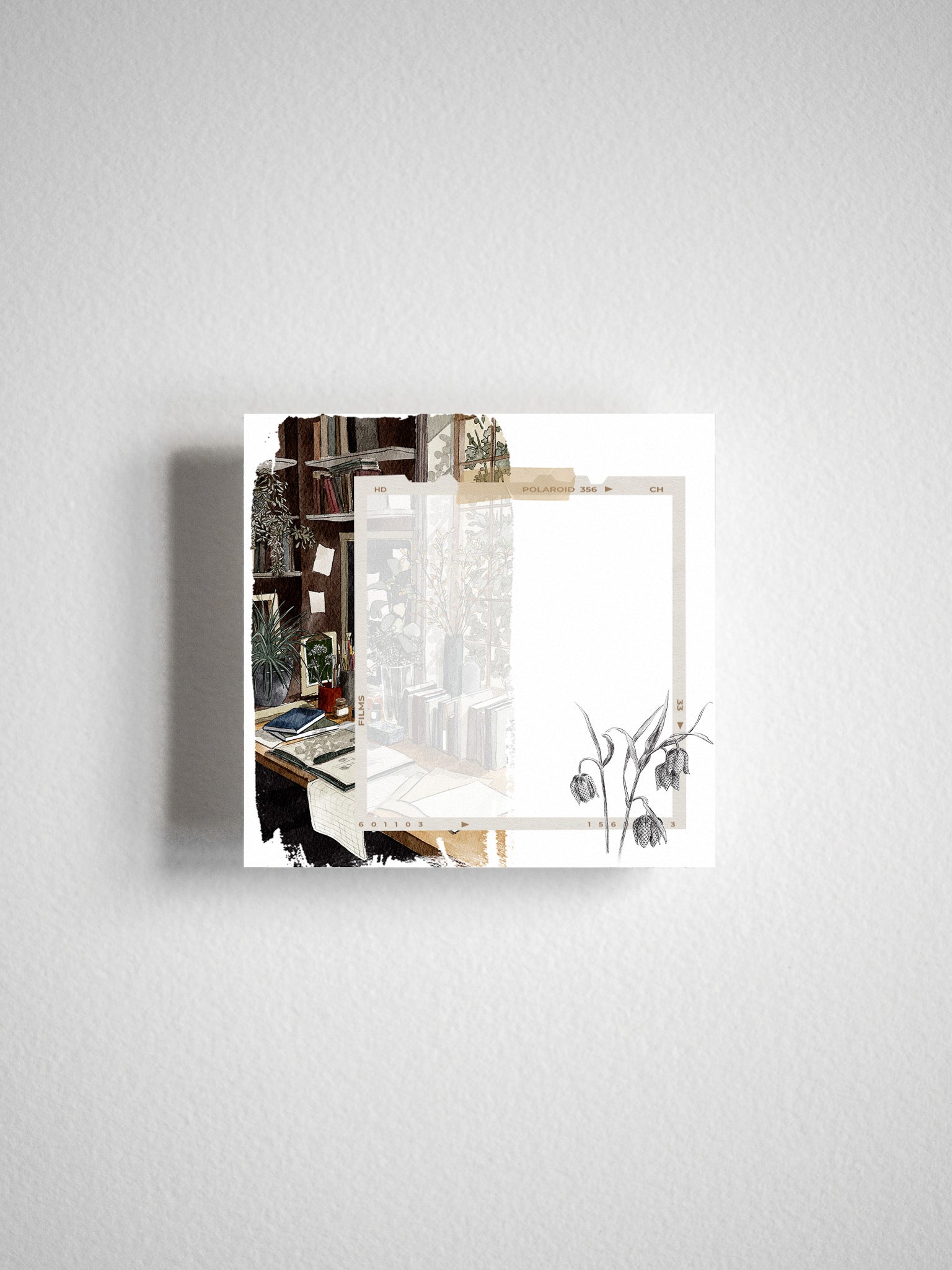 Stylish planner design featuring a detailed, rustic desk vignette contrasted with delicate white watercolor flowers.