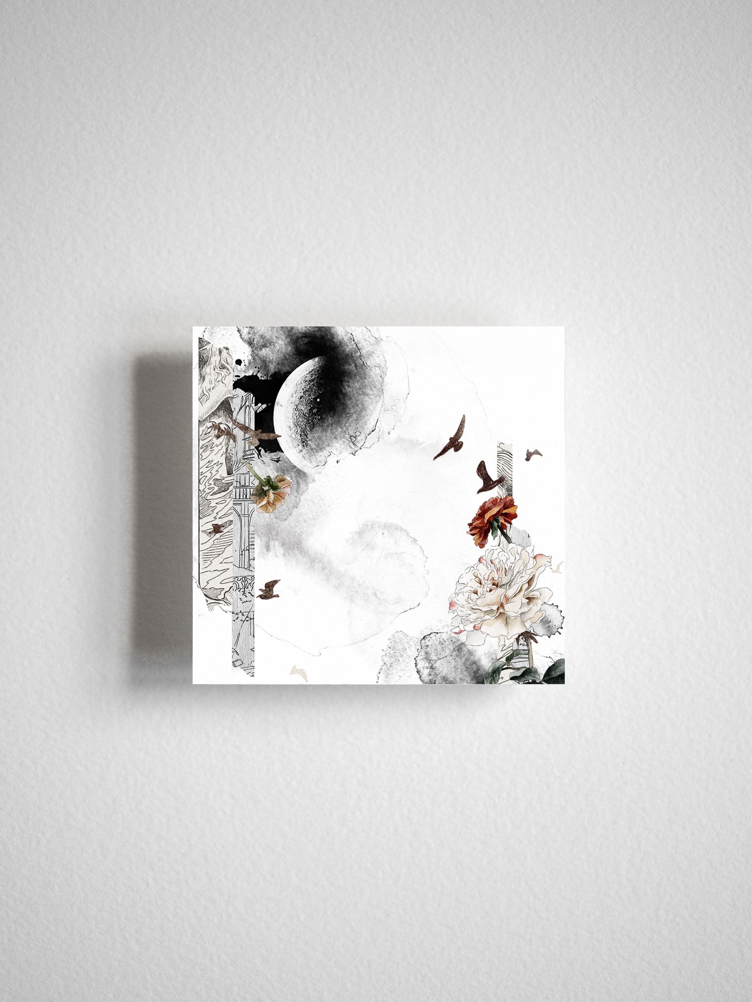 Autumn celestial planner sticker featuring a detailed monochrome moon motif, delicate floral watercolor blooms, and flying birds.