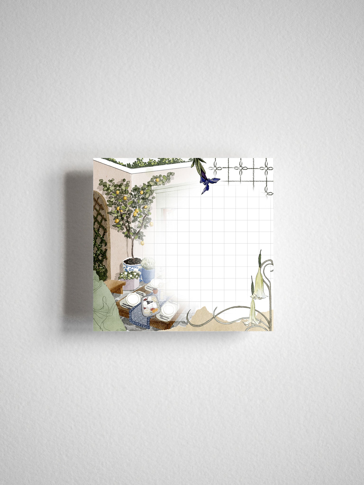 Aesthetic planner grid designed like a sunlit courtyard, decorated with flowering vines, potted plants, and a small blue butterfly for July 2025.