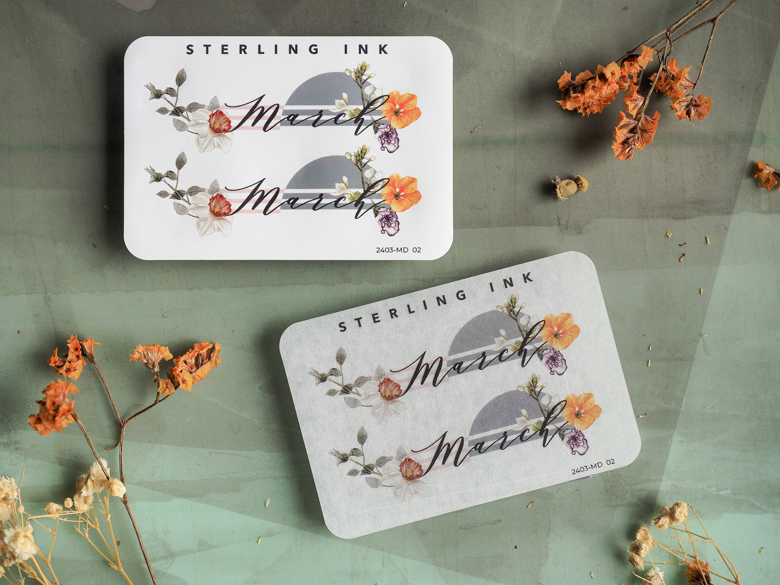 Elegant March monthly planner sticker set featuring soft watercolor floral designs, including natural bouquets and roses on off-white cardstock.