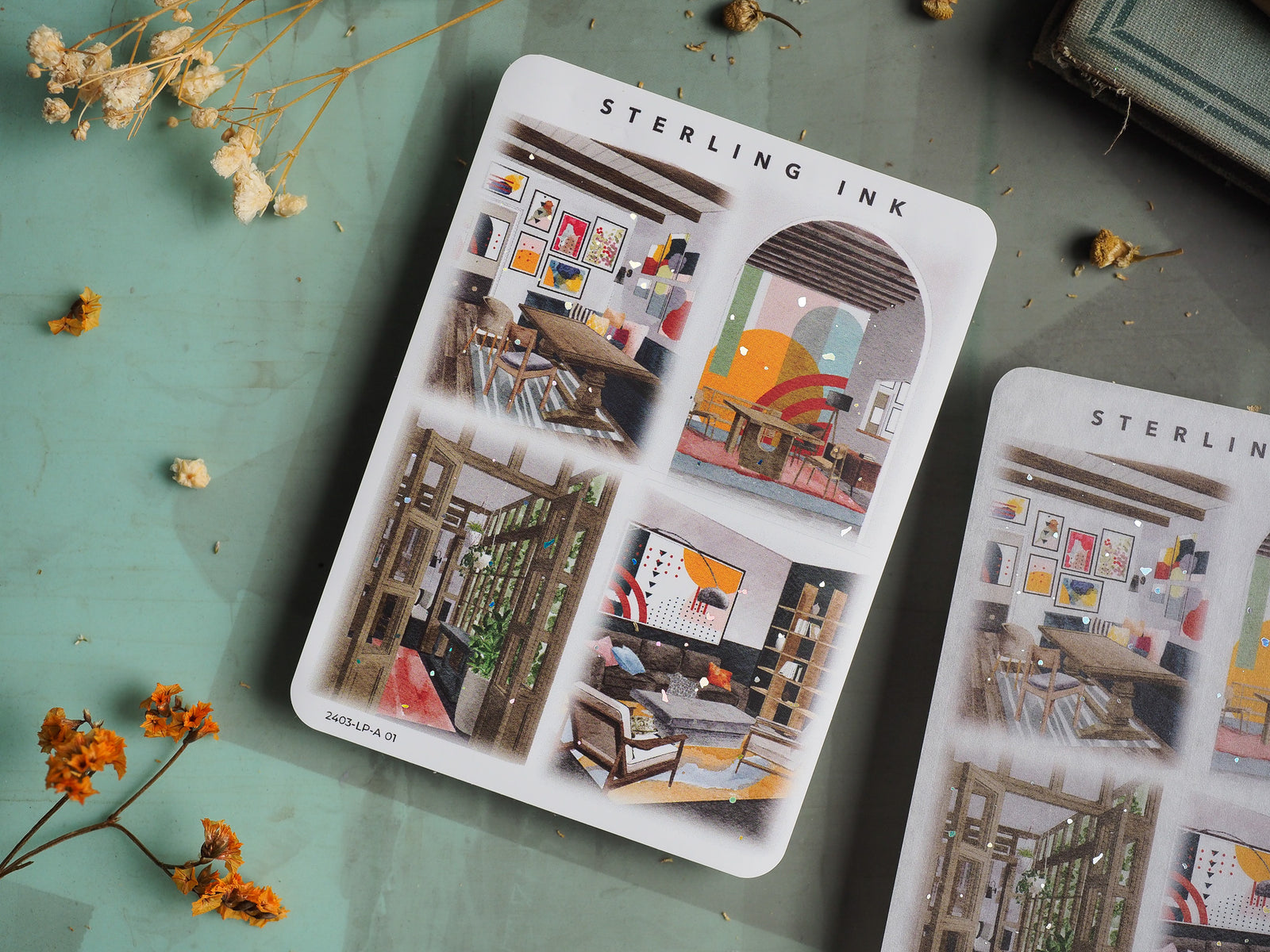 Large illustration stickers featuring detailed, decorative vignettes of cozy apartment interiors, perfect for adding a sophisticated home decor theme to planners and journals.