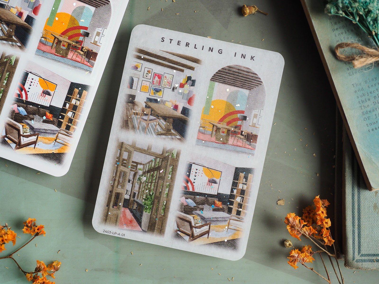 Set of large illustration stickers featuring warm-toned, cozy architectural panels and domestic scenes, ideal for journaling or decorating.