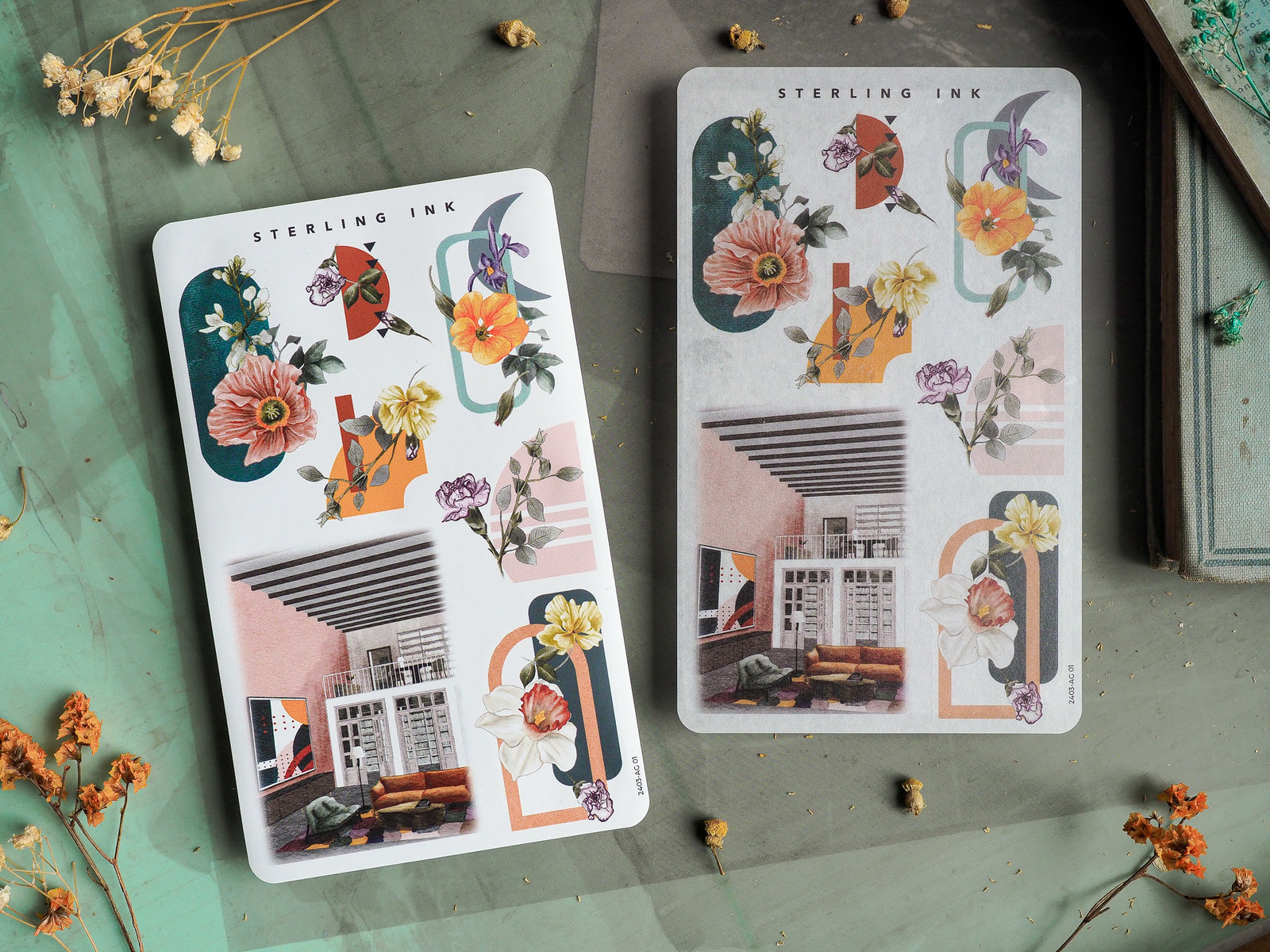 Decorative arrangement stickers featuring whimsical watercolor floral bouquets and minimalist interior architectural line art on a bright white background.