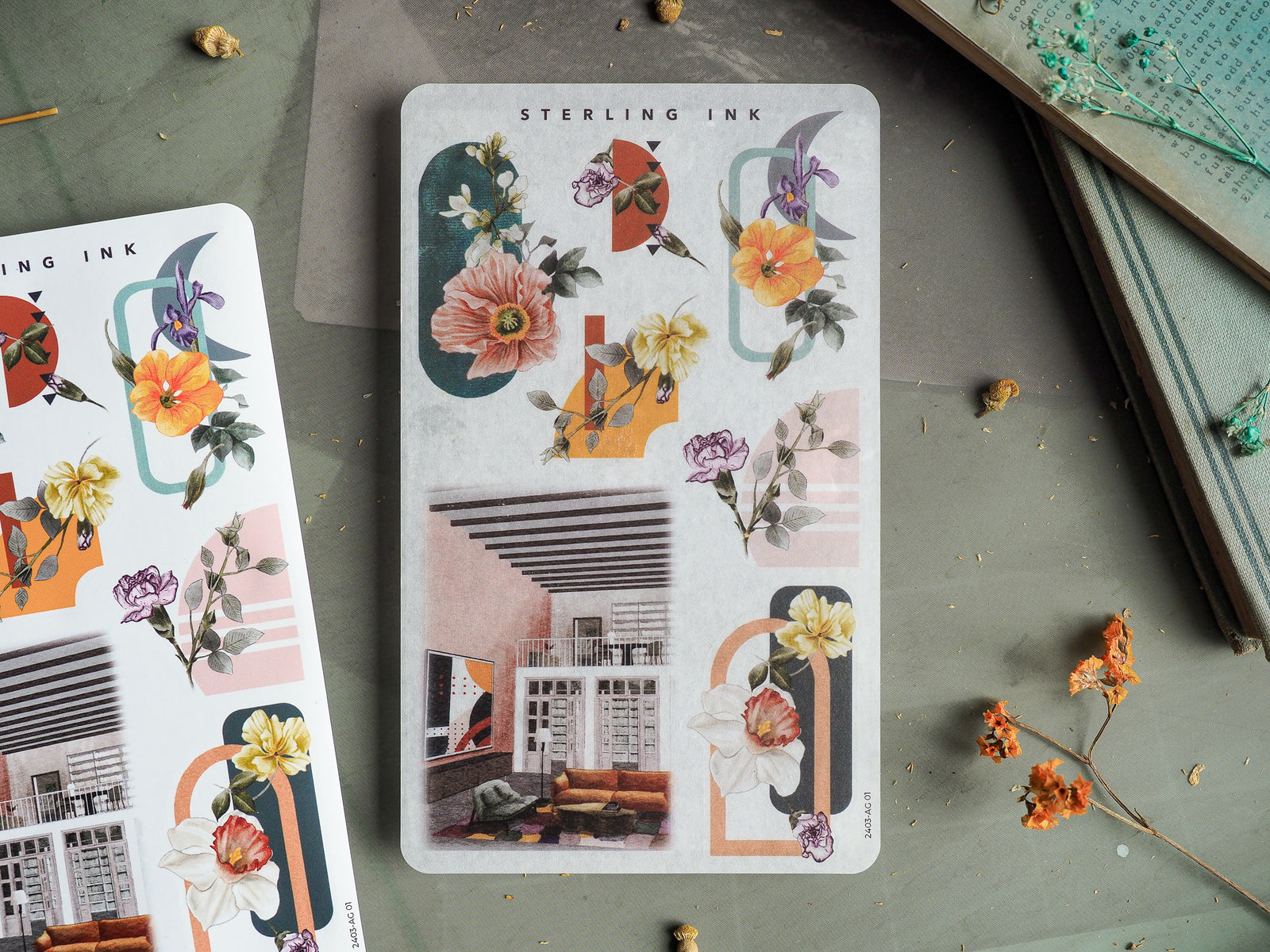 Sticker sheet featuring an arrangement of soft watercolor florals and delicate architectural sketches in pastel tones, perfect for March 2024 planning.