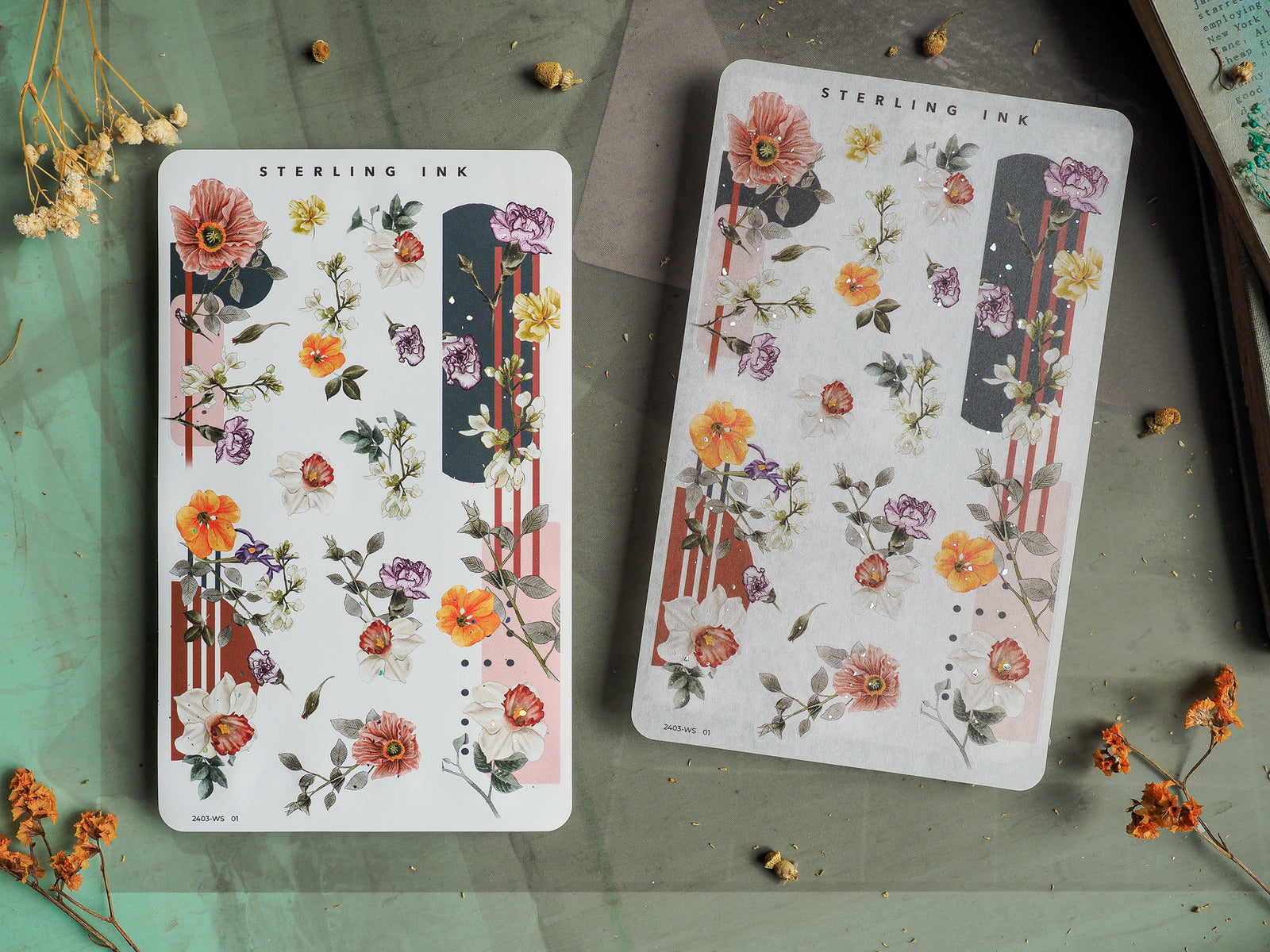 Botanical washi sticker sheets featuring delicate watercolor roses and scattered floral blooms interspersed with elegant vertical stripes in soft pastels and rich jewel tones.