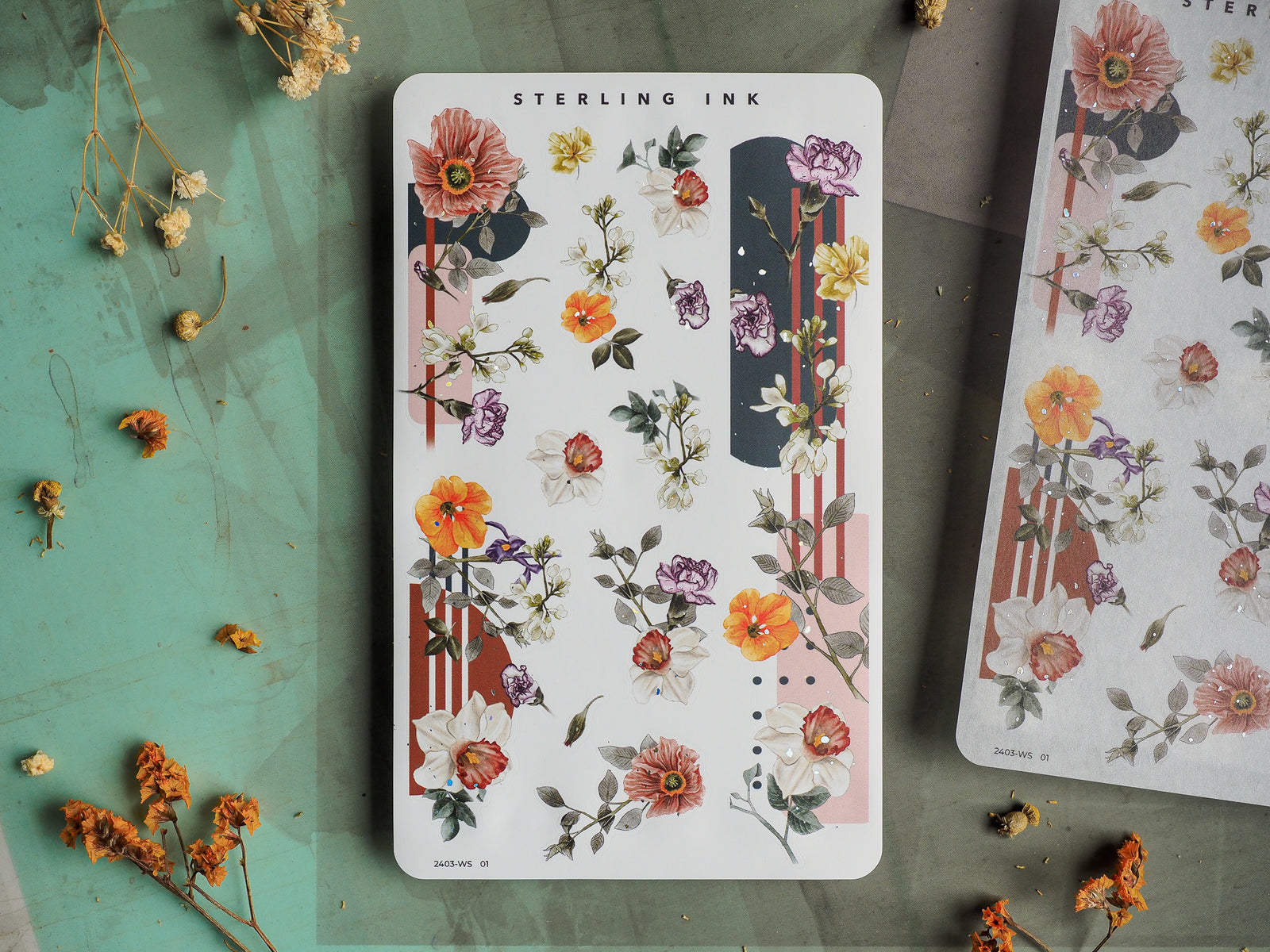 Floral sticker sheet featuring watercolor bouquets of pink, yellow, and orange flowers mixed with green leaves and modern contrasting striped borders.