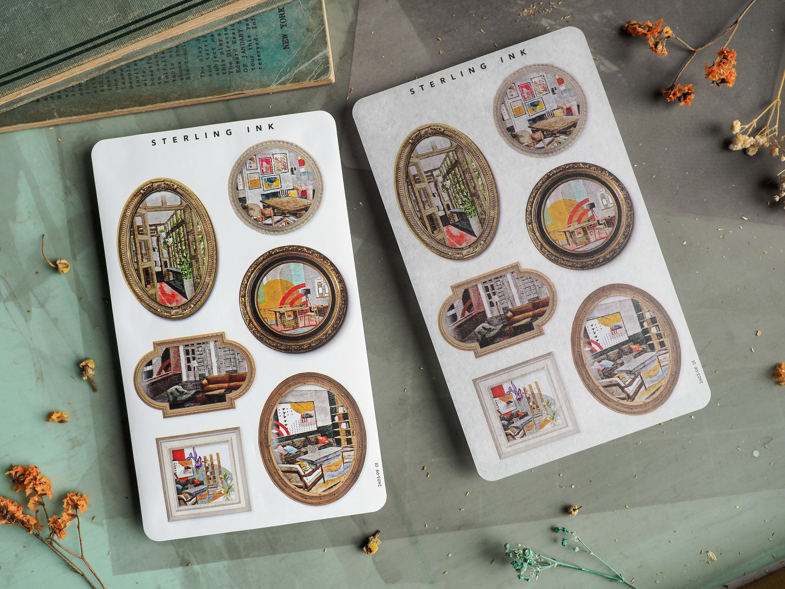 Collection of vintage picture frame stickers featuring various sepia-toned city street scenes and architectural vignettes, perfect for journaling.
