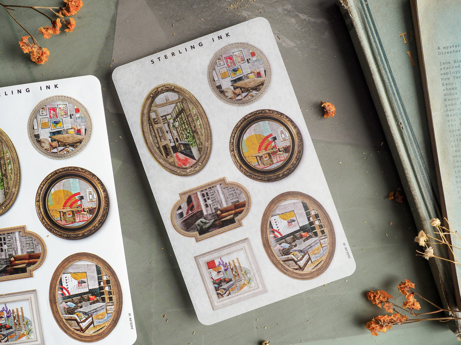 Miniature, collage-style picture frame stickers with sepia-toned designs featuring vintage urban landscapes and cozy interior scenes.