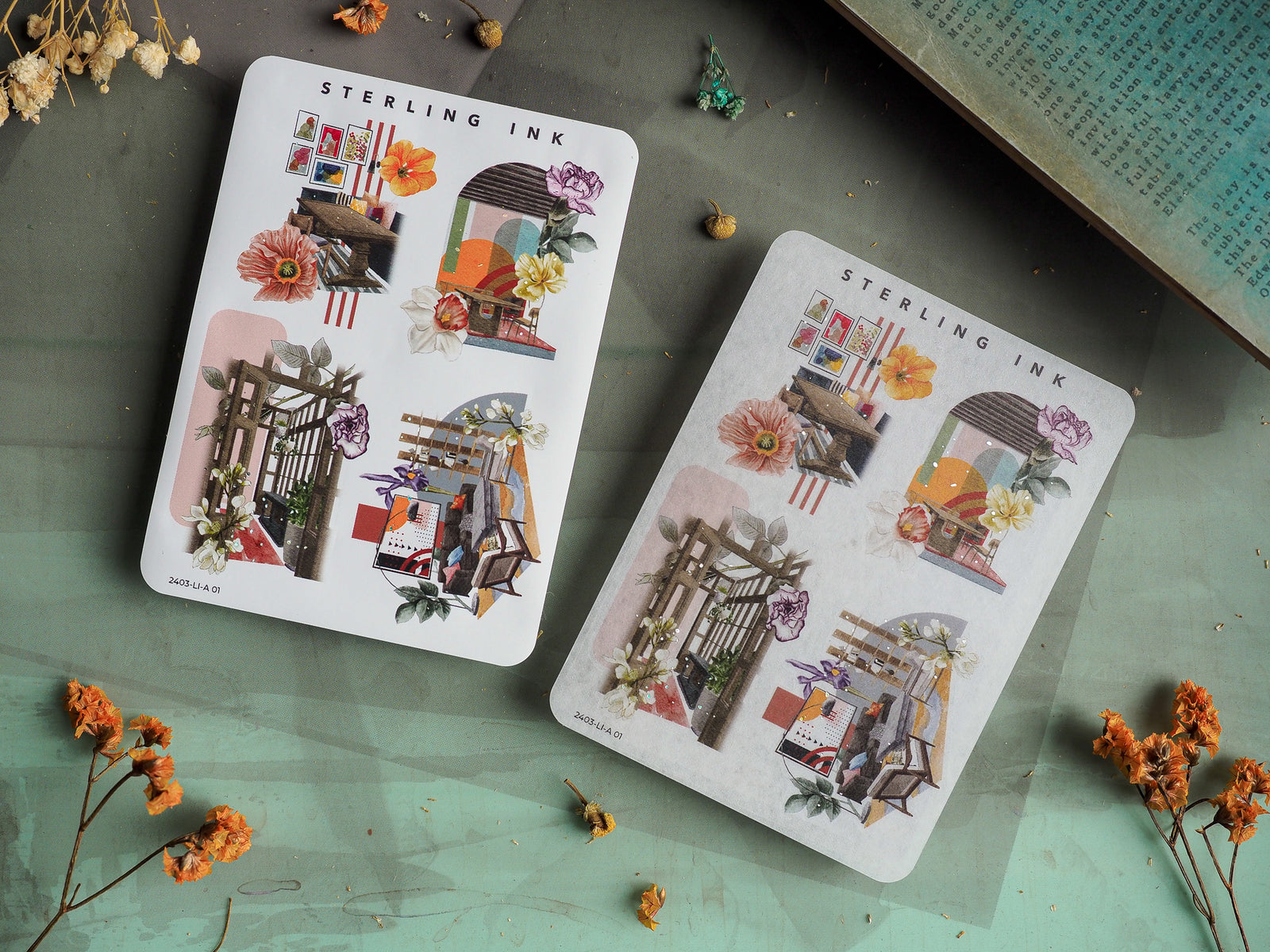 Vibrant, spring-themed icon art depicting detailed collages of quaint storefronts, lush floral arrangements, and botanical elements.