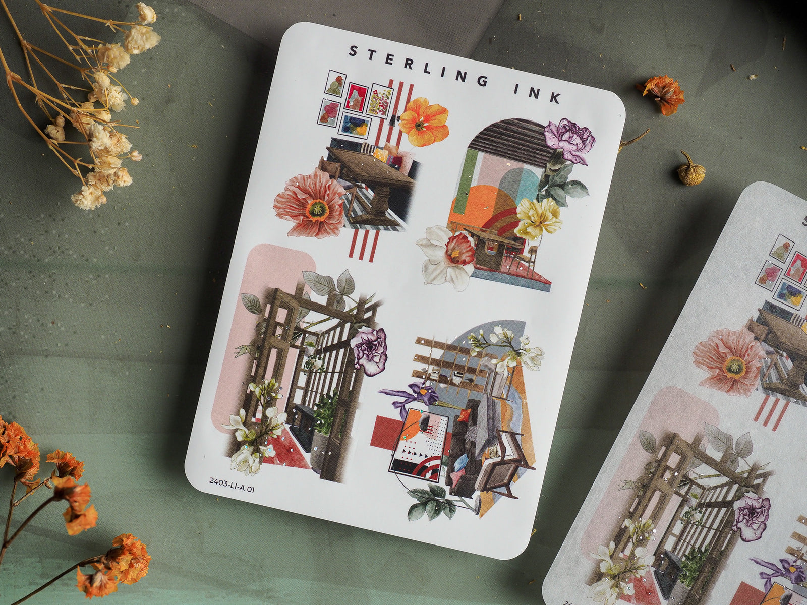 Charming cluster of vintage and floral illustrations featuring detailed greenhouses, vibrant spring blooms, and architectural sketch motifs for crafting and journaling.