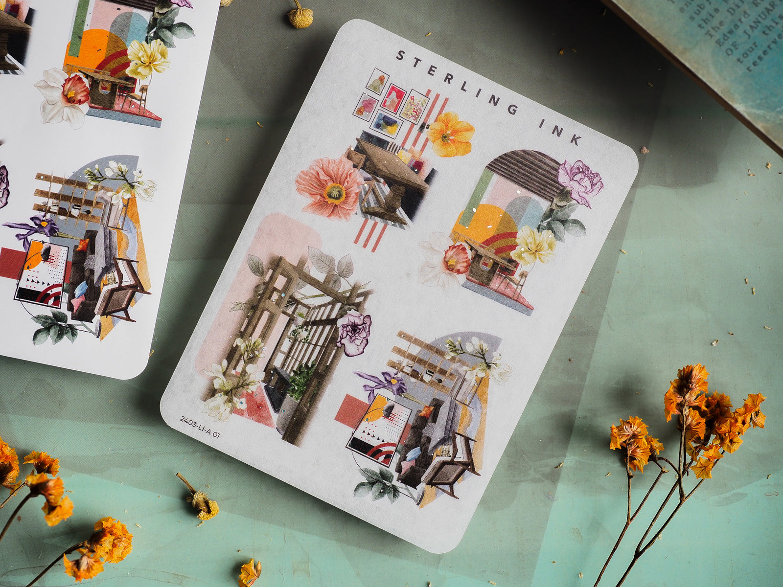 White notepad showcasing a grid of vibrant, illustrative sticker designs featuring architectural collages and colorful interiors, branded "STERLING INK."