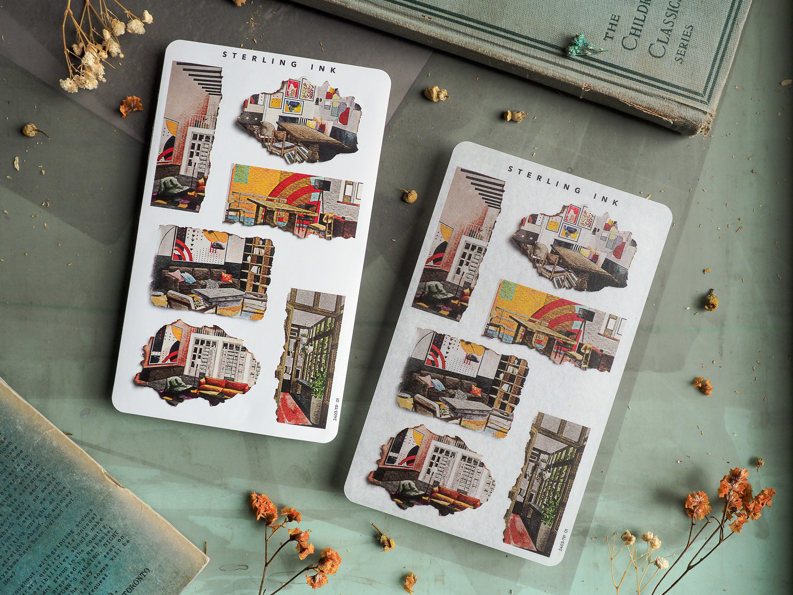 Sheet of collage-style stickers featuring detailed, distressed "torn paper" illustrations of vintage city architecture and cozy interior vignettes by Sterling Ink.