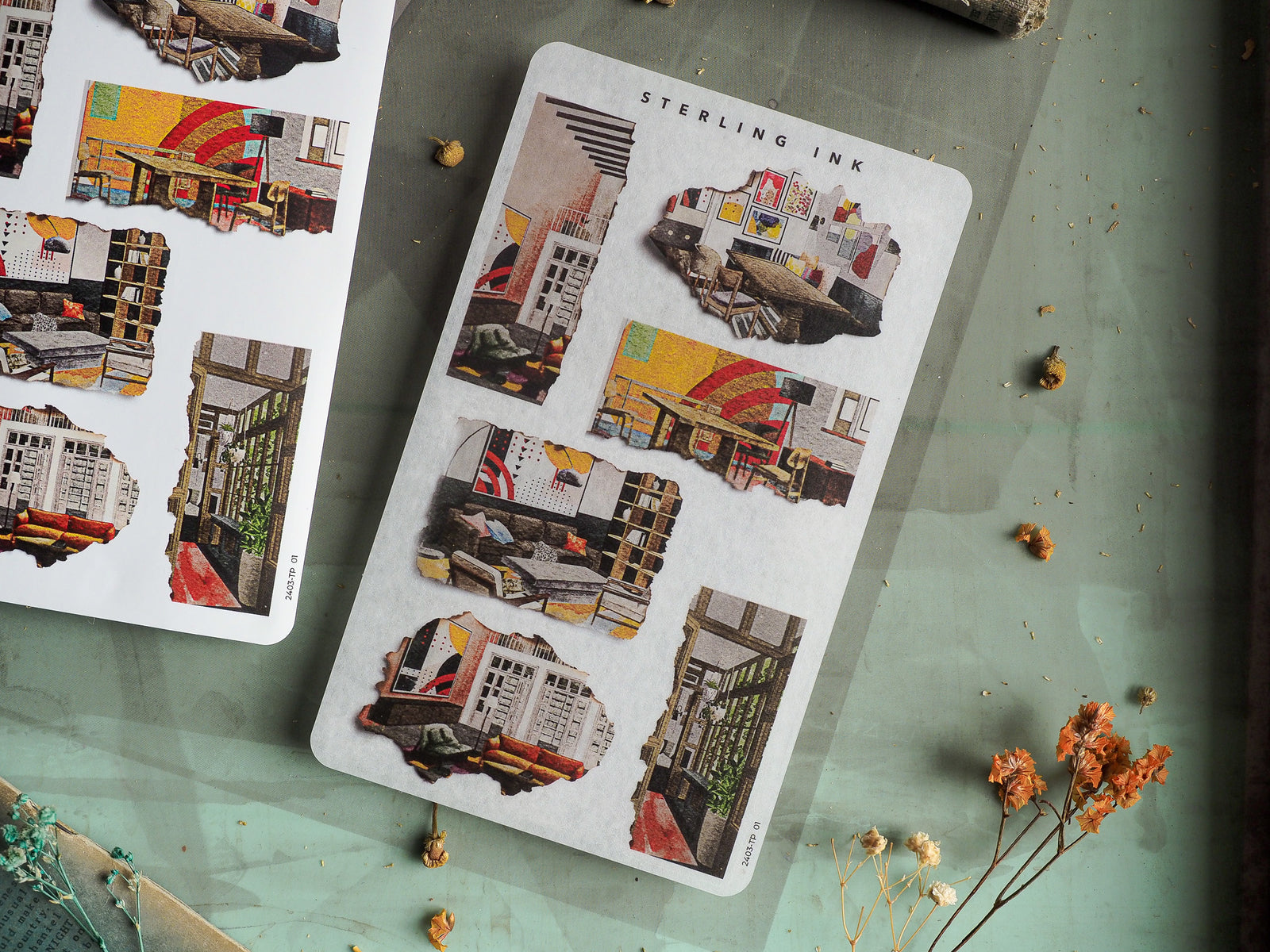'Torn Paper Stickers - March 2024' sheet featuring vintage architectural collages of distressed cityscapes in muted, earthy tones.