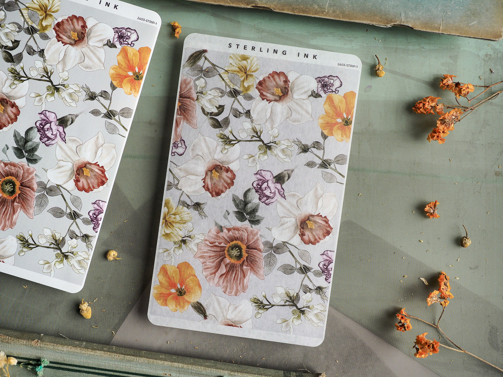 Botanical thin strip stickers featuring muted watercolor florals in blush, cream, and dusty purple tones, perfect for vintage themed stationery.