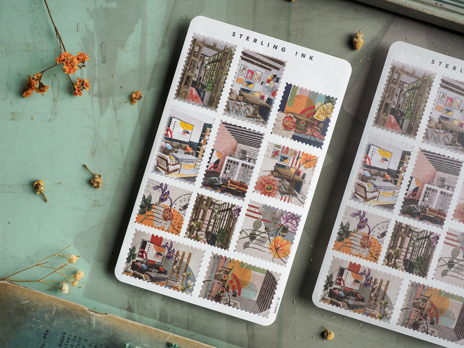 Decorative sticker sheet for March 2024, showcasing a grid of patterned squares depicting cozy, stylized room interiors and autumnal home decor.