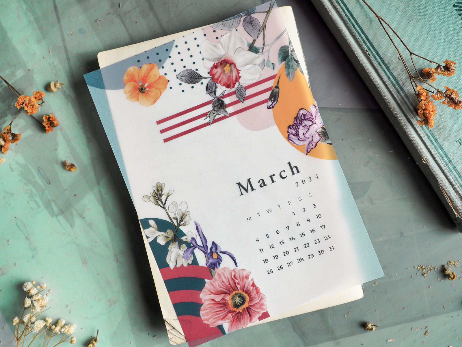 March 2024 monthly calendar template featuring beautiful watercolor floral illustrations in pink, orange, and cream, complemented by striped and polka dot accents.
